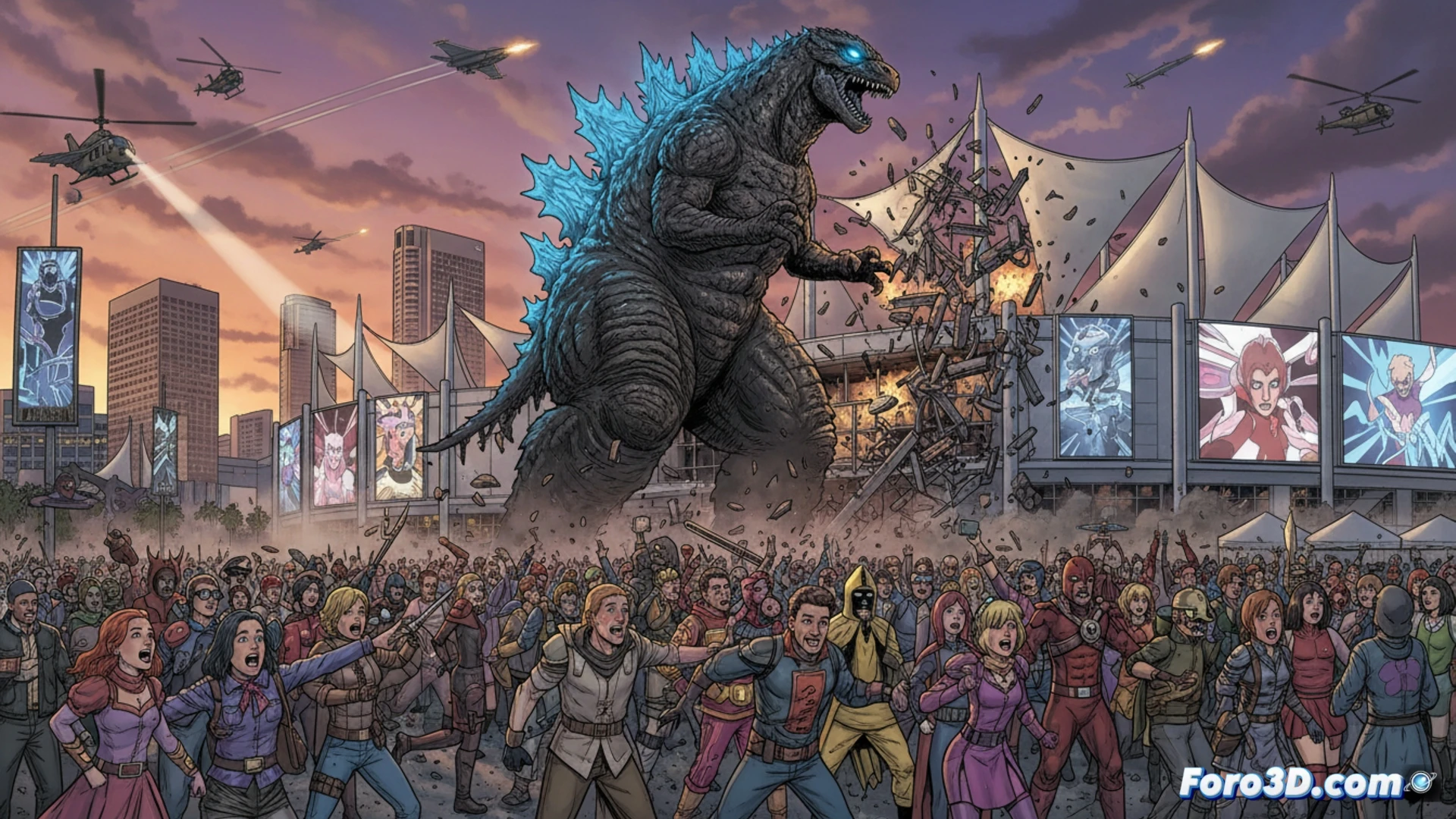 Portada del cómic Godzilla vs. America: San Diego: el monstruo arrasa la Comic-Con, con asistentes huyendo entre pósters y disfraces.