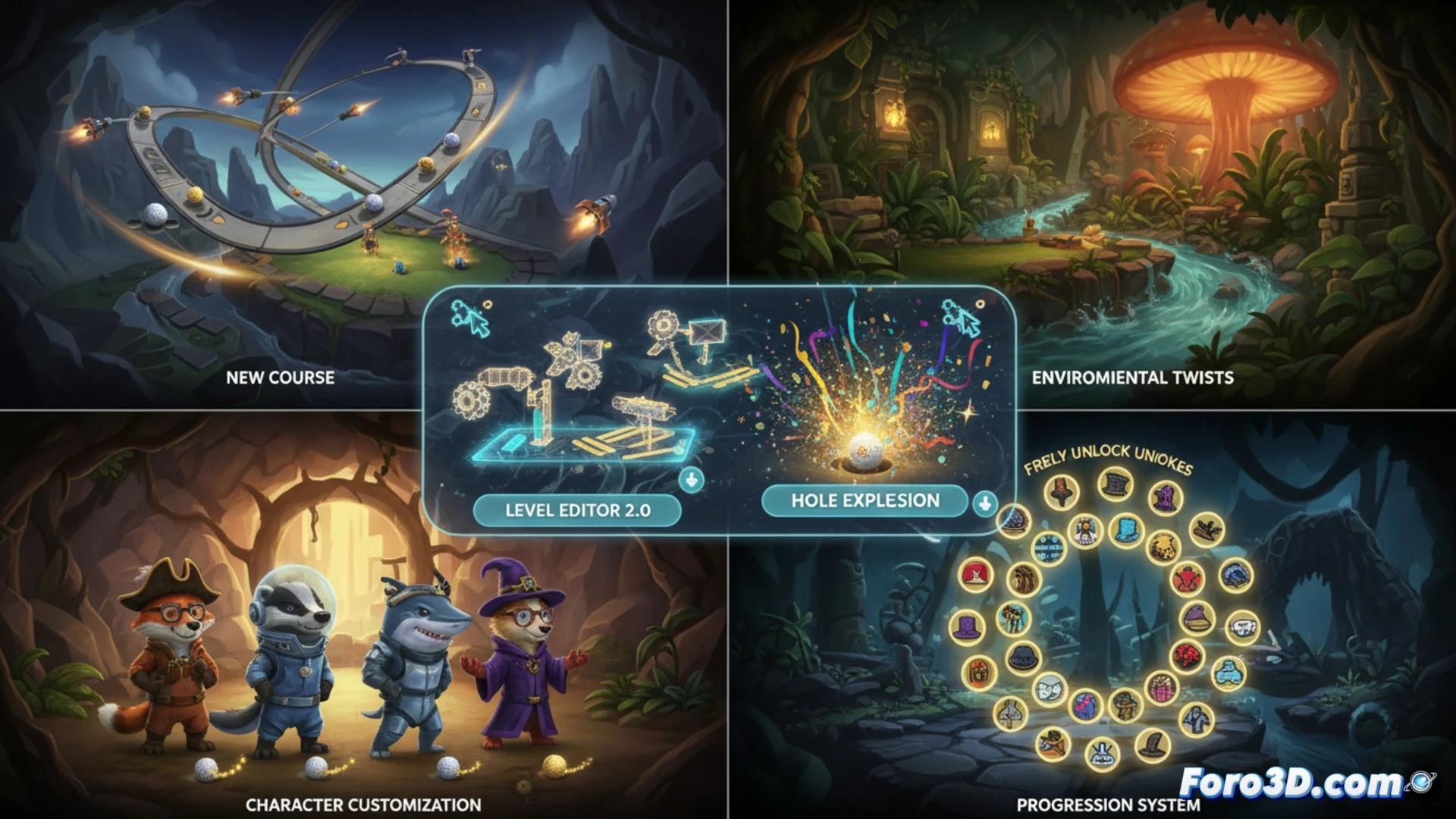 Ilustración vibrante de minigolf multijugador con bolas flotando en loops espaciales sobre campos de neón.