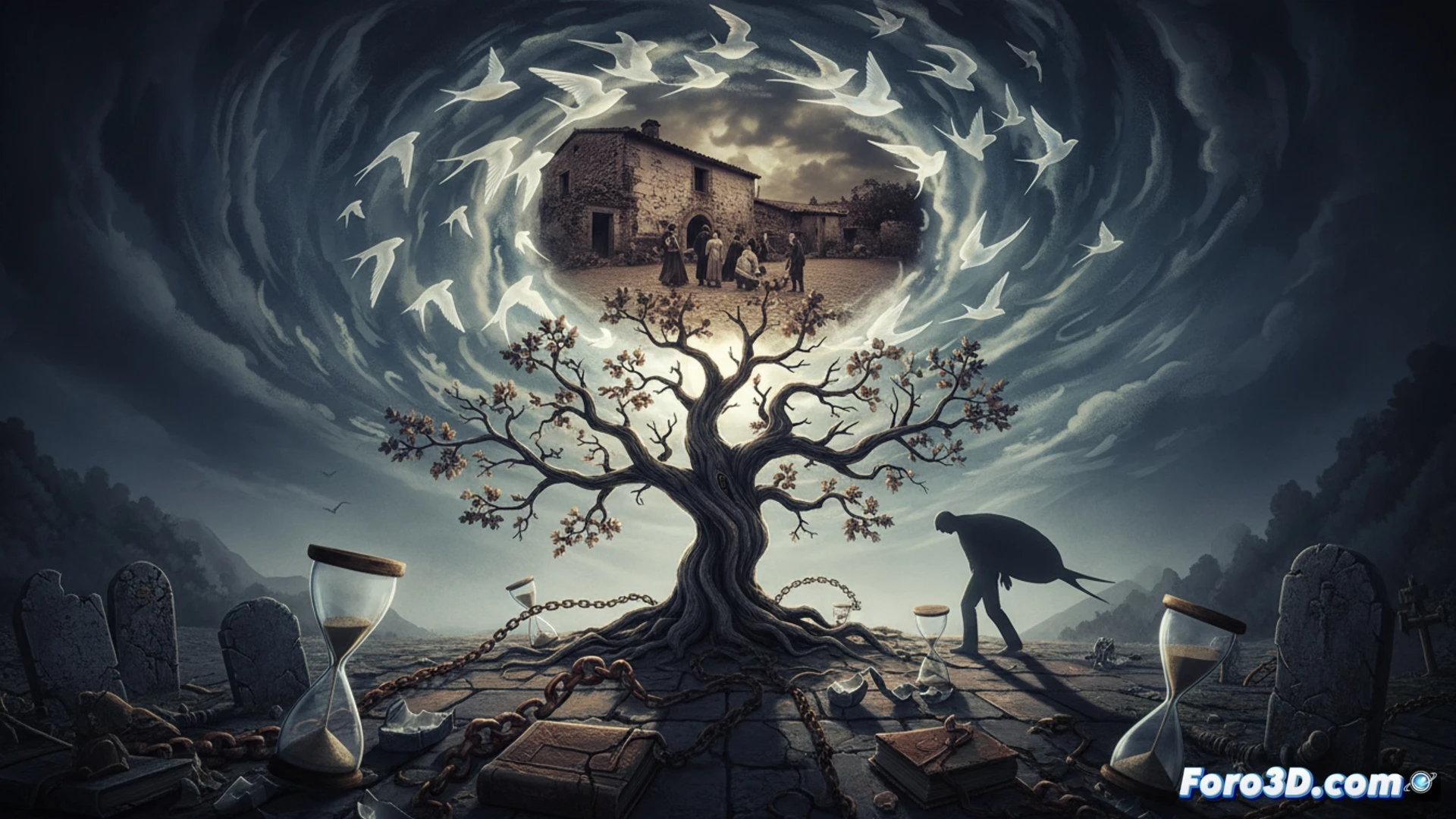 Un hombre mayor contempla un enjambre de golondrinas frente a un caserío vasco, mientras recuerdos del pasado se superponen como sombras sobre el paisaje.