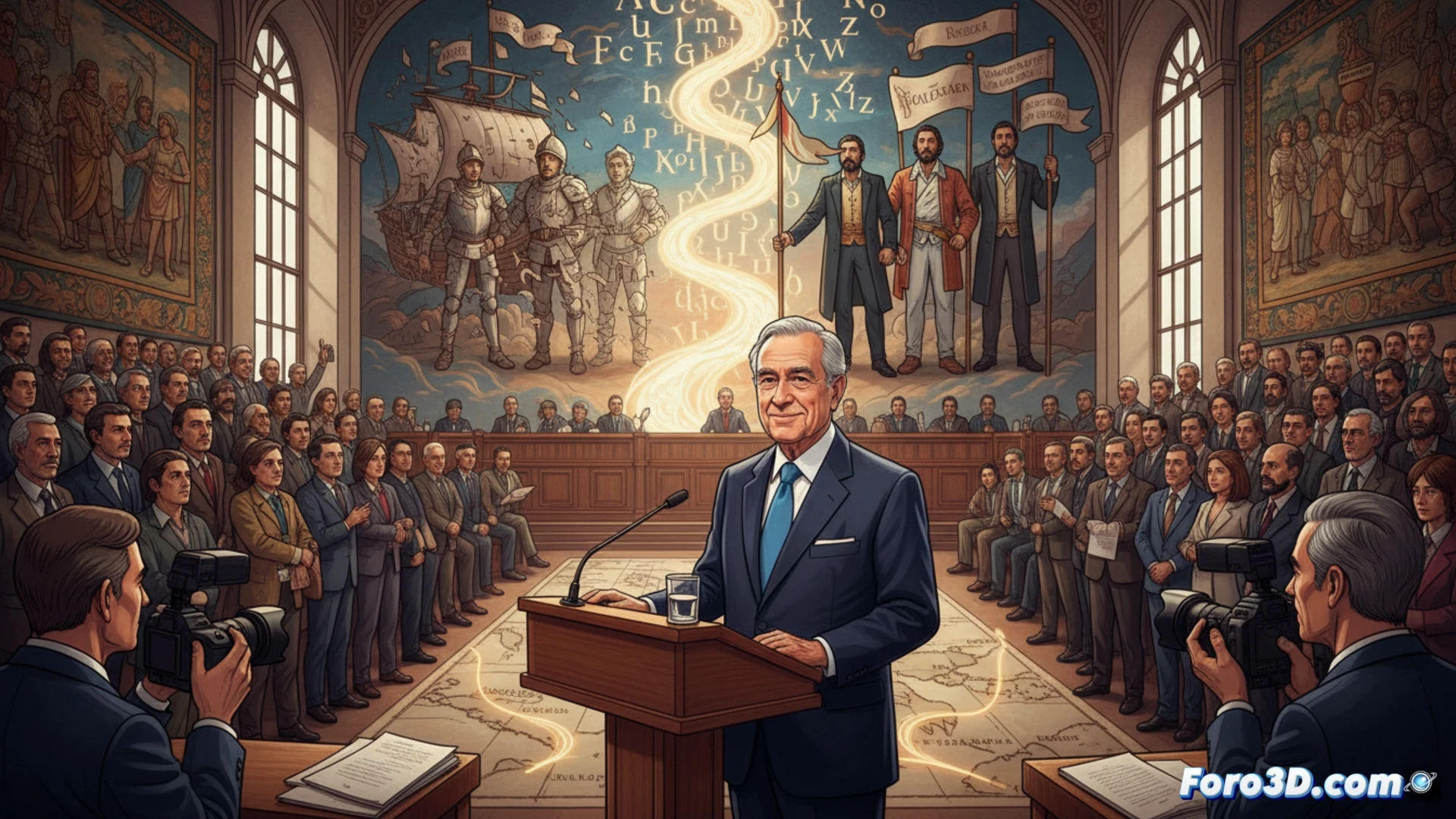 Un escritor habla ante un mapa de América, con el español como hilo que une territorios independientes.