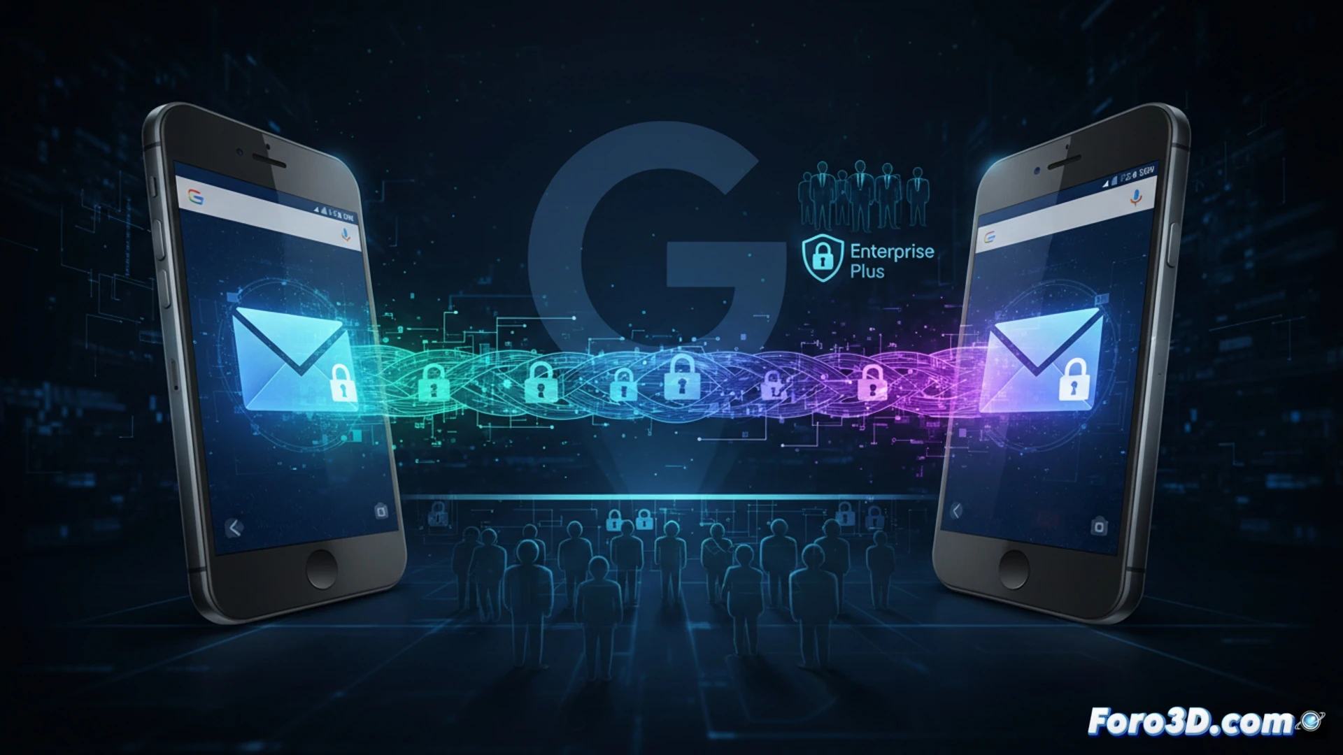 Un teléfono móvil mostrando la app de Gmail con un gran candado dorado sobre ella, símbolo de seguridad exclusiva para empresas.