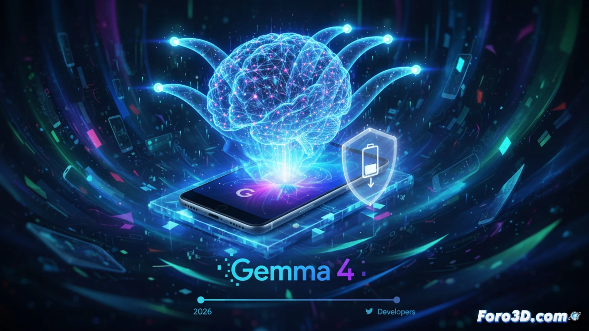 Un teléfono Android muestra un ícono de Gemini Nano 4 brillante, con gráficos de velocidad y batería destacados a su alrededor.