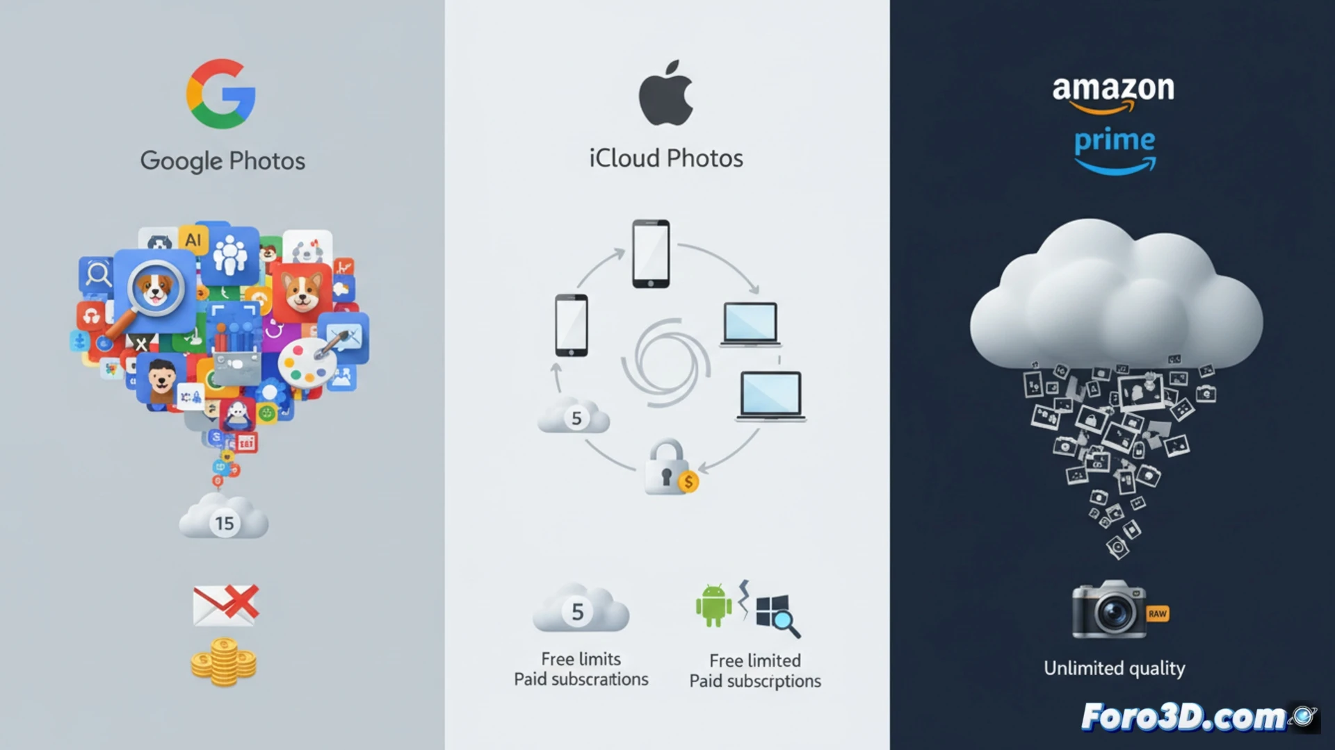 Descripción detallada: Ilustración minimalista con tres dispositivos en fila: un smartphone Android con el logo de Google Fotos, un iPhone con iCloud y una tablet Amazon con fotos de paisajes. Sobre cada dispositivo, iconos de IA, integración y espacio infinito. Fondo nublado suave en azul y blanco.

DESCRIPCIÓN (80-120 caracteres): Tres dispositivos muestran Google Fotos, iCloud y Amazon Photos bajo nubes, con iconos de IA, integración y espacio.