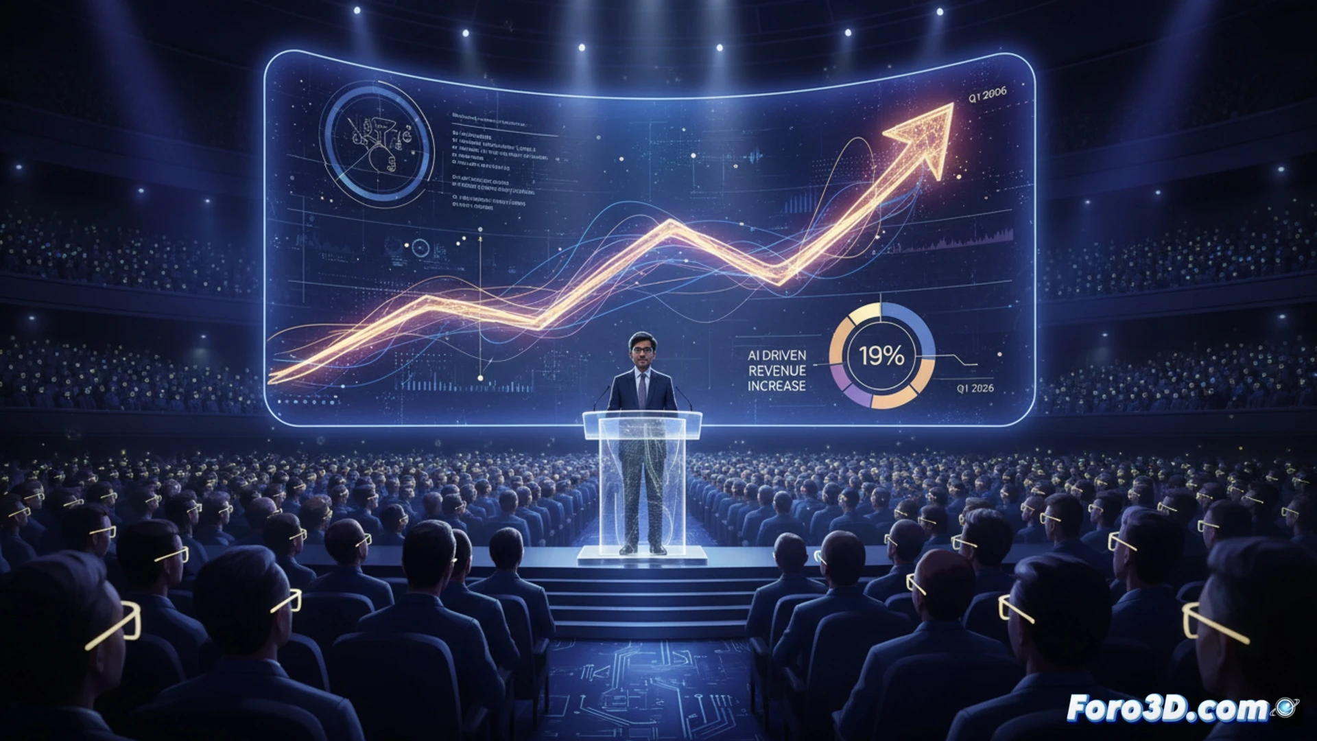 Un gráfico de barras en ascenso muestra un récord de búsquedas en Google, con un robot de IA sonriente junto al logotipo.