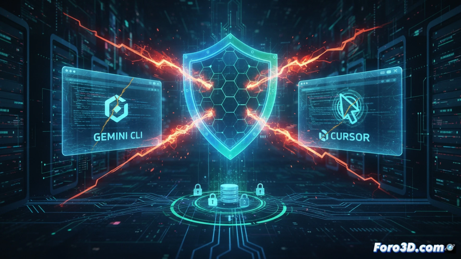 Un terminal de código con alertas rojas de seguridad muestra dos ventanas: Gemini CLI y Cursor editor, con parches aplicados tras fallos críticos de RCE.