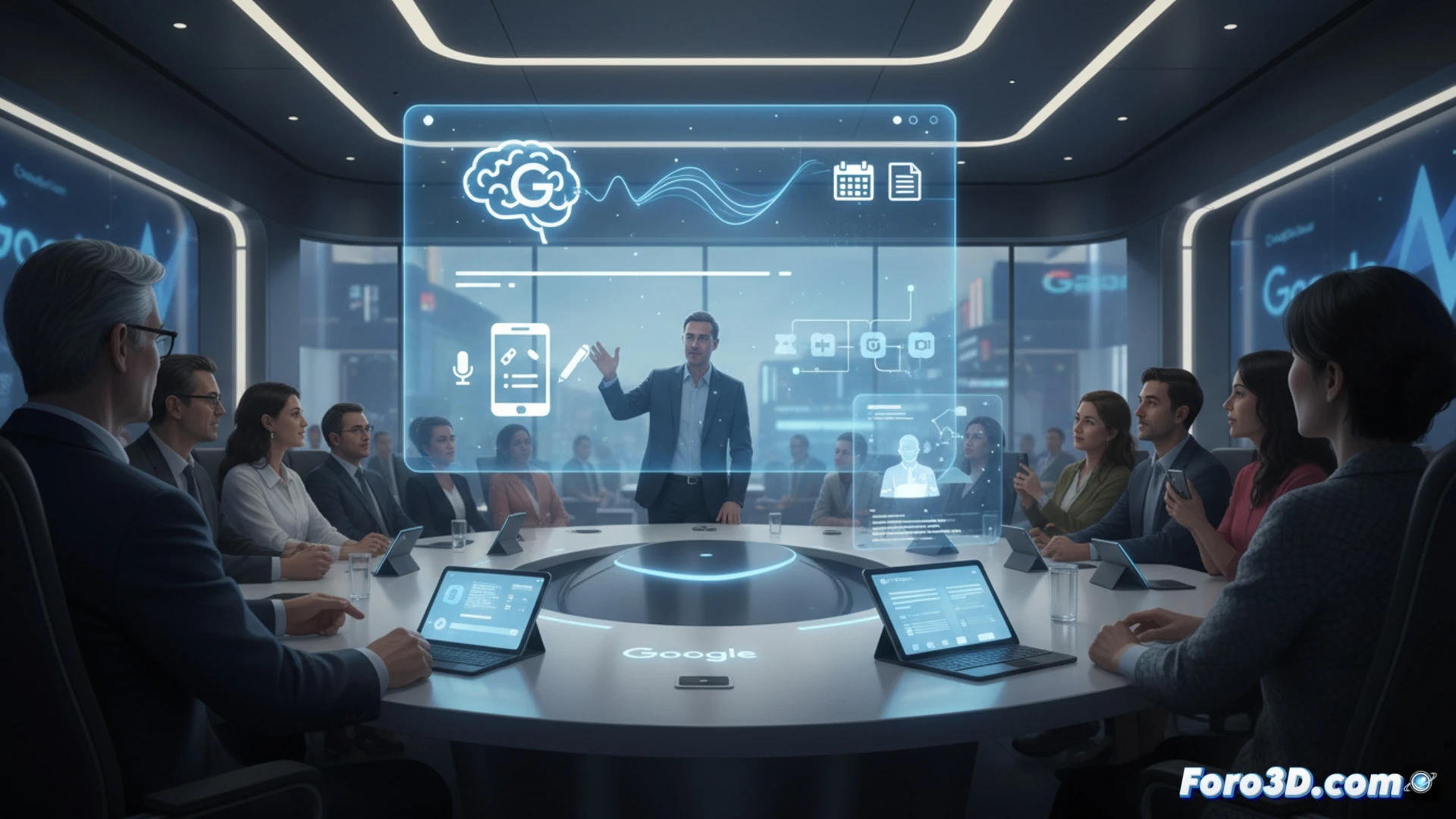 Una persona graba una reunión presencial con su móvil mientras Gemini transcribe en Google Docs, junto a logos de Meet, Teams y Zoom.