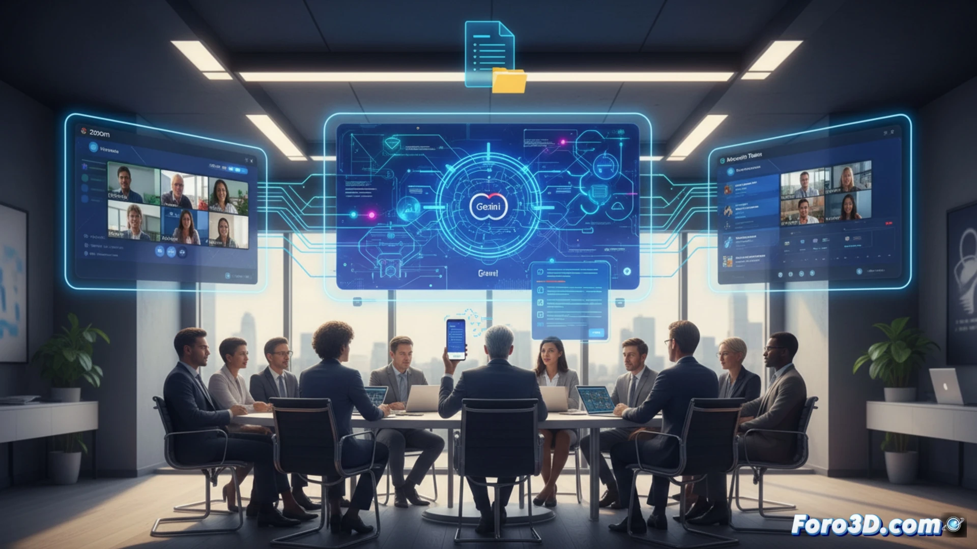 Una persona usa su móvil para activar las notas con IA de Google Meet en una reunión presencial y otra virtual.