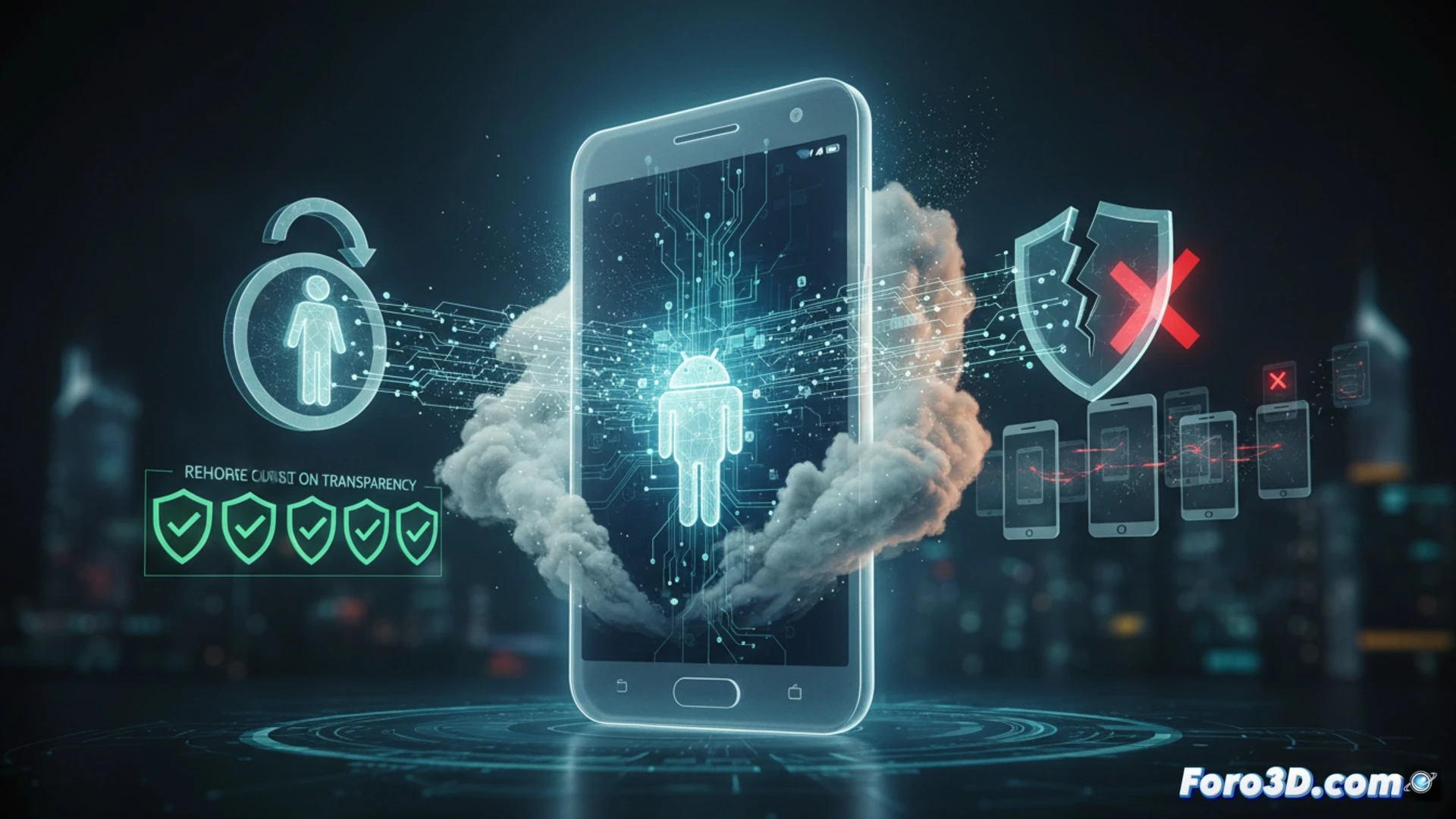 Ilustración de un teléfono Android mostrando un mapa con ruta de datos que se filtra hacia un ícono de dólar.