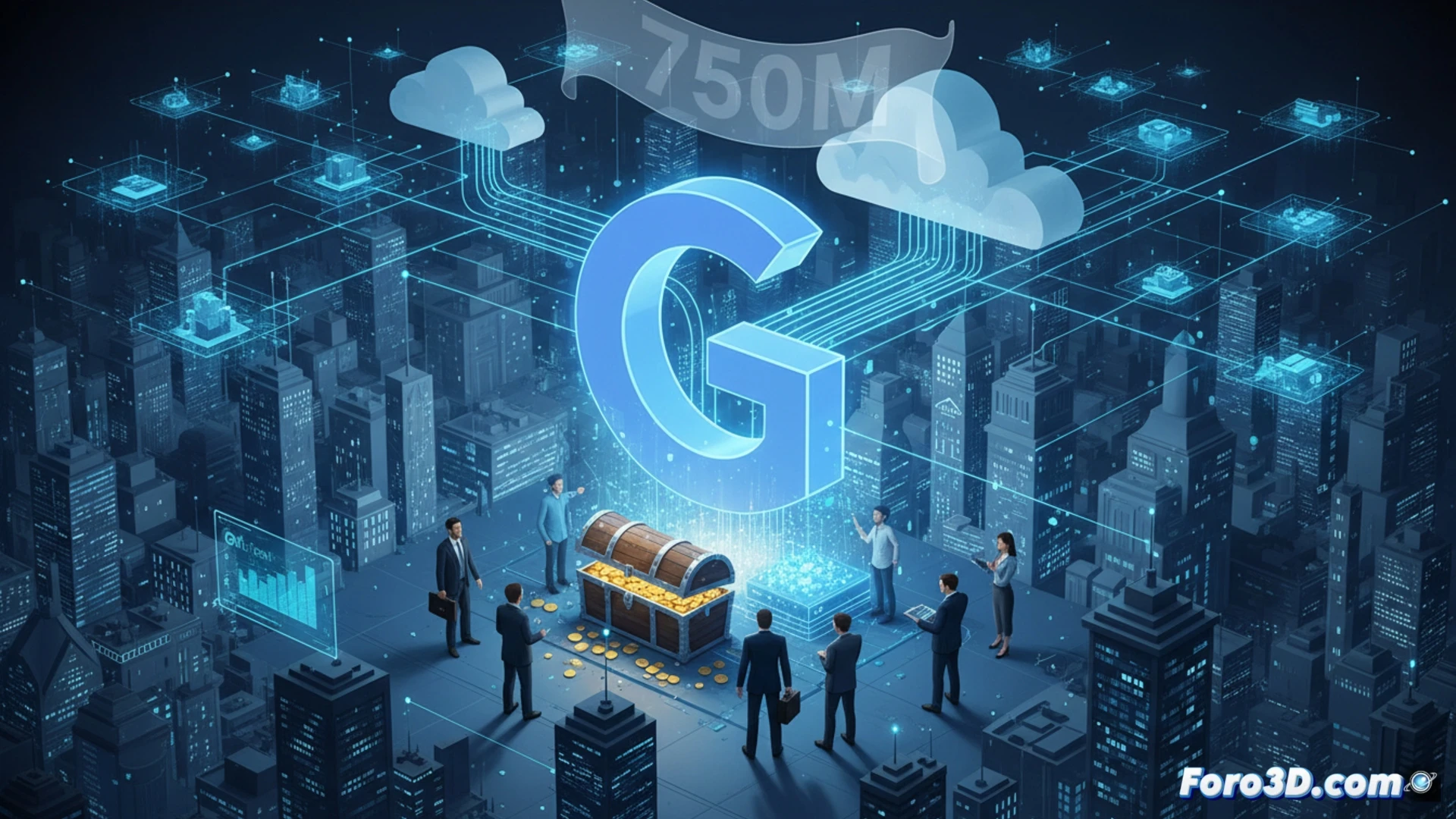 Un mapa digital de Google Cloud conecta fichas con logos de Accenture, Deloitte y KPMG, mientras un brazo robótico dorado vierte monedas de 750M sobre engranajes de IA agéntica.