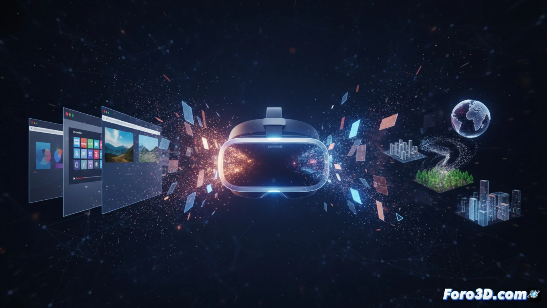 Un casco de realidad extendida flotando, mostrando apps 2D transformándose en ventanas 3D inmersivas.