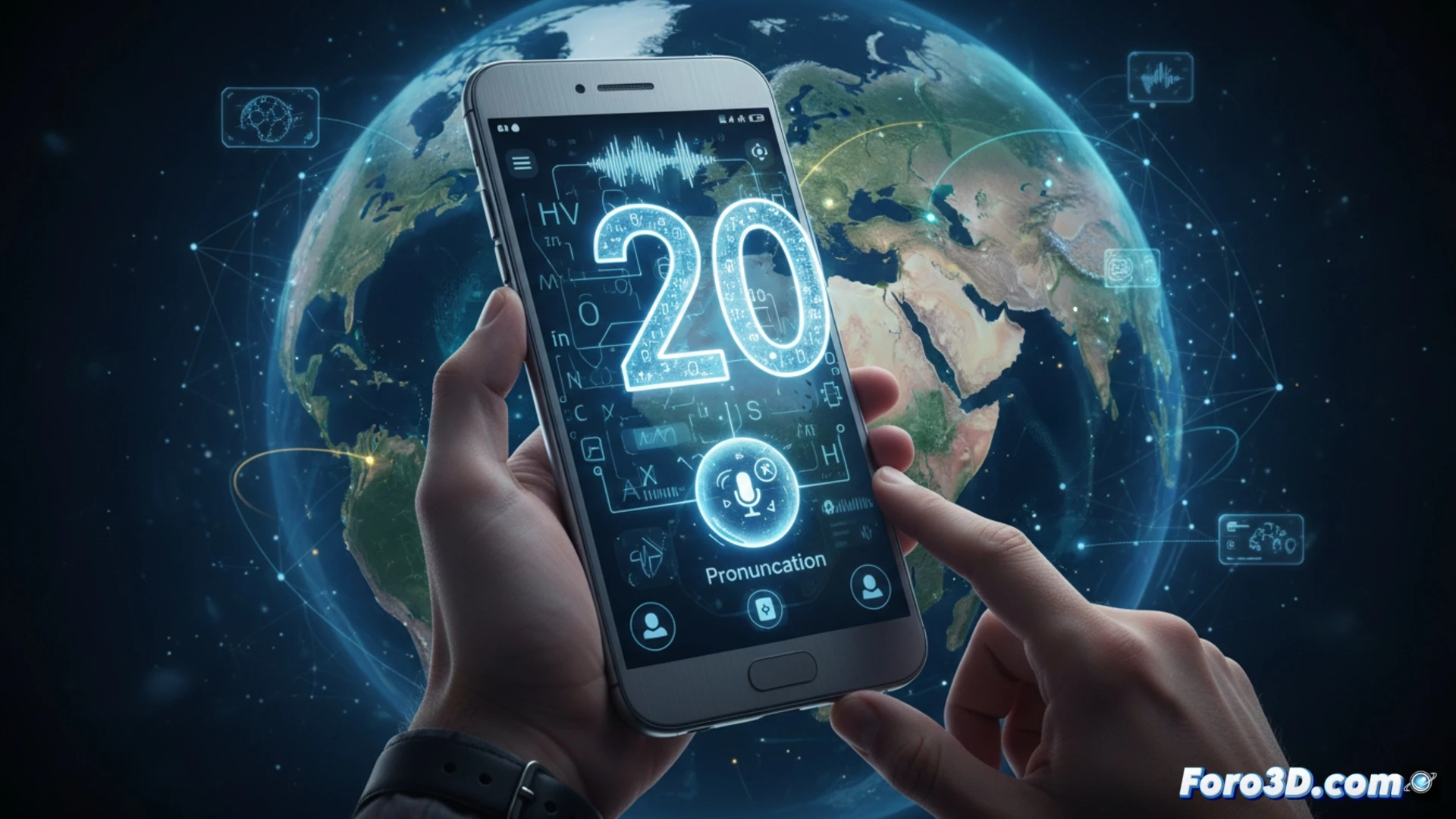 Un smartphone Android muestra Google Translate con la función Pronunciation activa, mostrando transcripción fonética y un micrófono, mientras un ícono de Gemini brilla en la esquina.