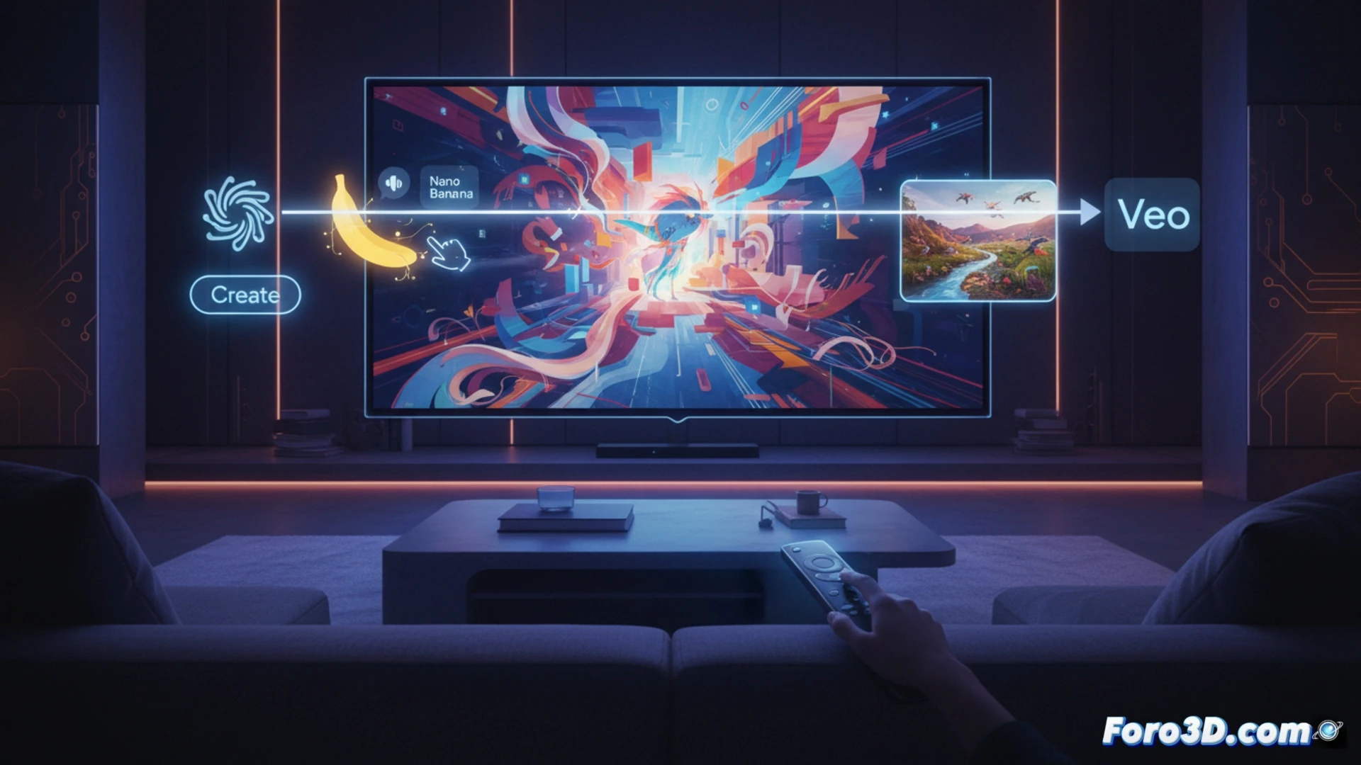 Salón moderno con TV encendida mostrando lienzo digital, botón Create en pantalla, usuario señalando con control remoto mientras habla, imágenes y vídeos generados flotando.