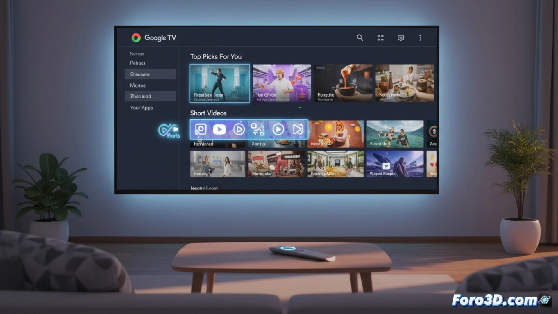 Un televisor muestra la fila Short videos for you con YouTube Shorts en 2026, interfaz moderna y videos verticales.