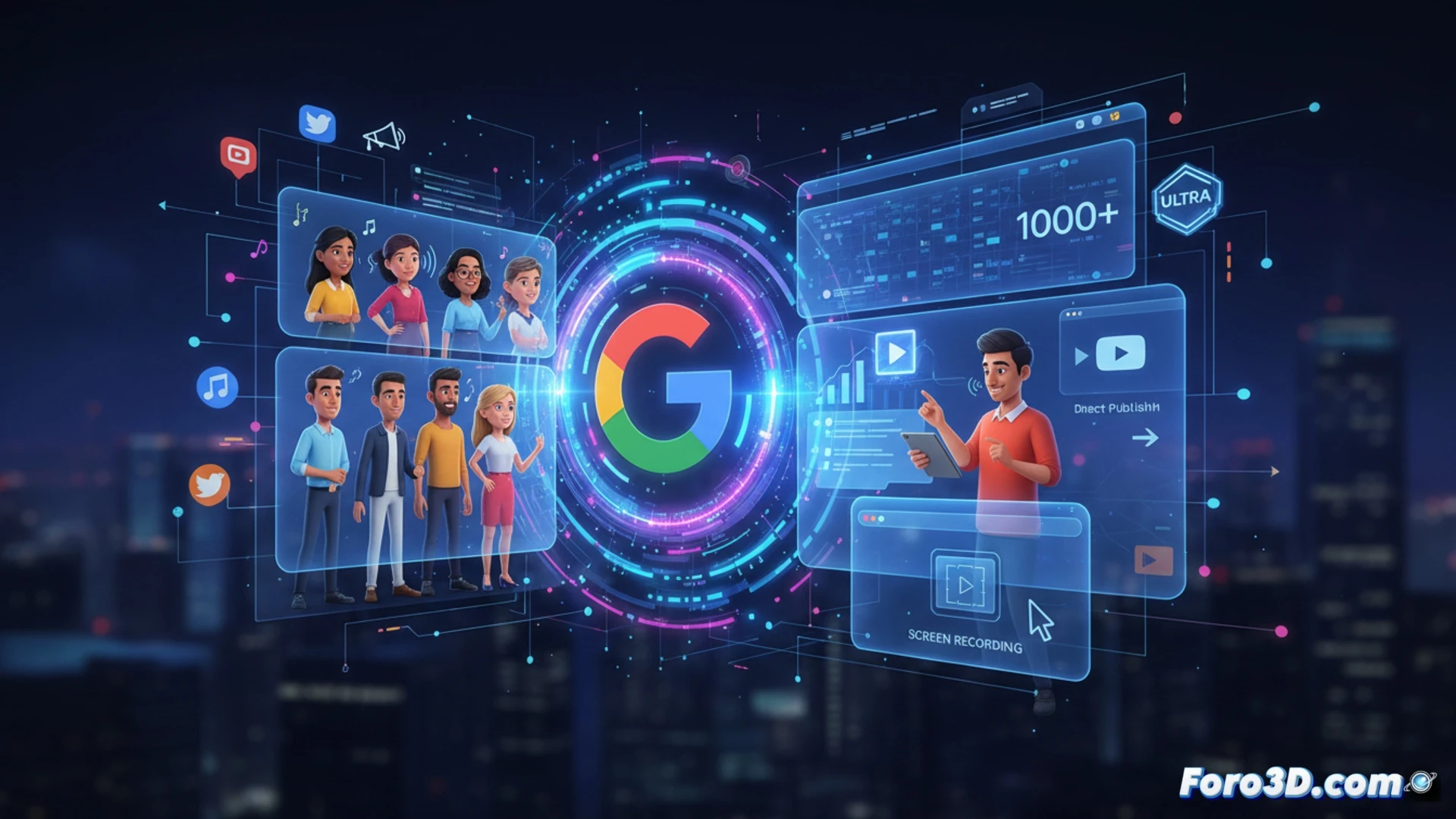 Imagen: Un creador de contenido, con un avatar digital personalizado, edita un video dinámico en Google Vids. En la pantalla, se ven herramientas de IA generando clips con Veo y música con Lyria, listos para subir a YouTube.