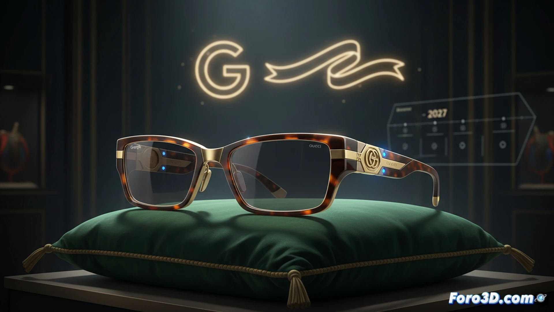 Gafas inteligentes de lujo con IA, diseño Gucci y tecnología Google, sobre un fondo elegante.