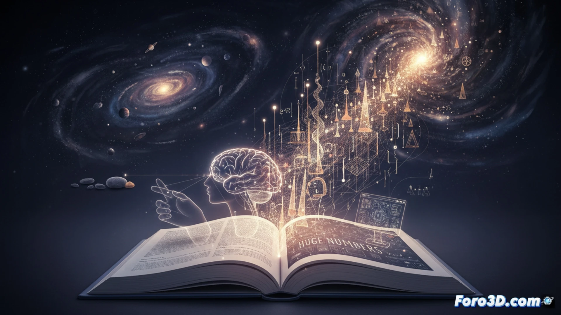 Un matemático frente a una pizarra donde números exponenciales crecen hasta convertirse en torres que se pierden en el infinito.