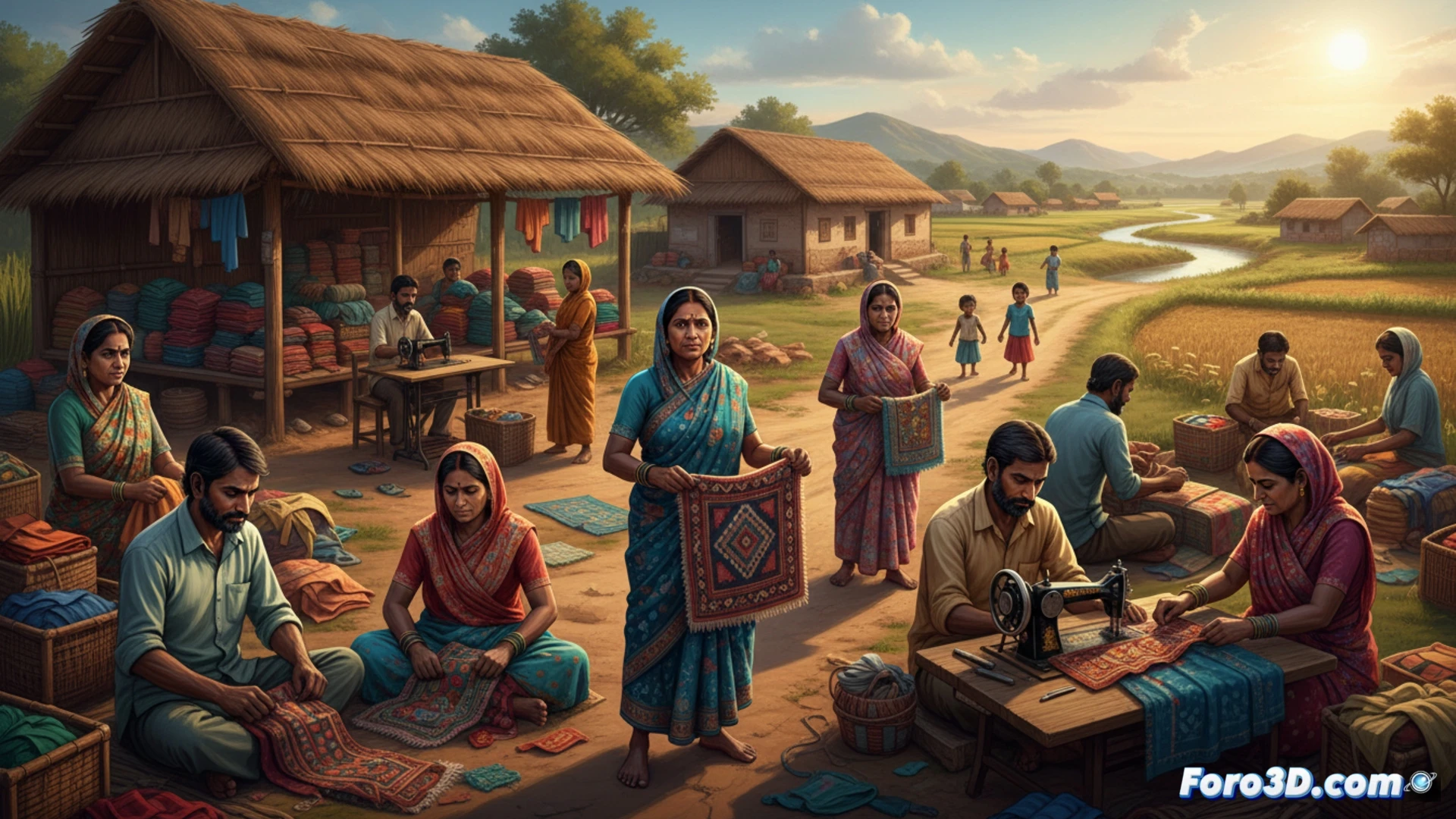 Una mujer rural recibe ropa a cambio de su trabajo en un proyecto comunitario, ilustrando el modelo circular de Goonj.