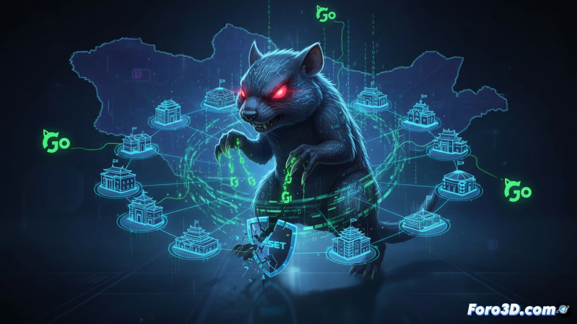 Mapa de Mongolia con 12 puntos rojos infectados, código Go brillando, sombra de un fantasma digital acechando sistemas gubernamentales.