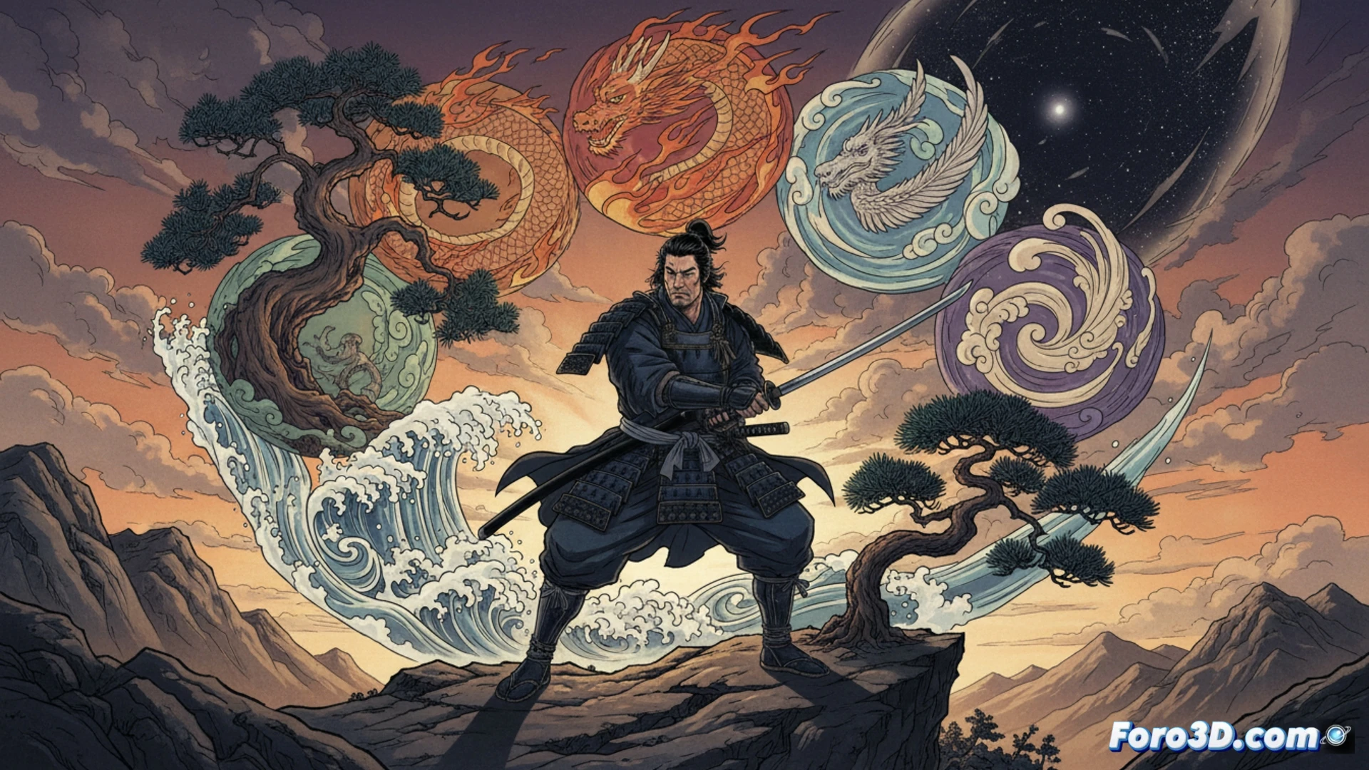 Un samurái frente a un código binario, fusionando katana y lógica en un dojo digital.