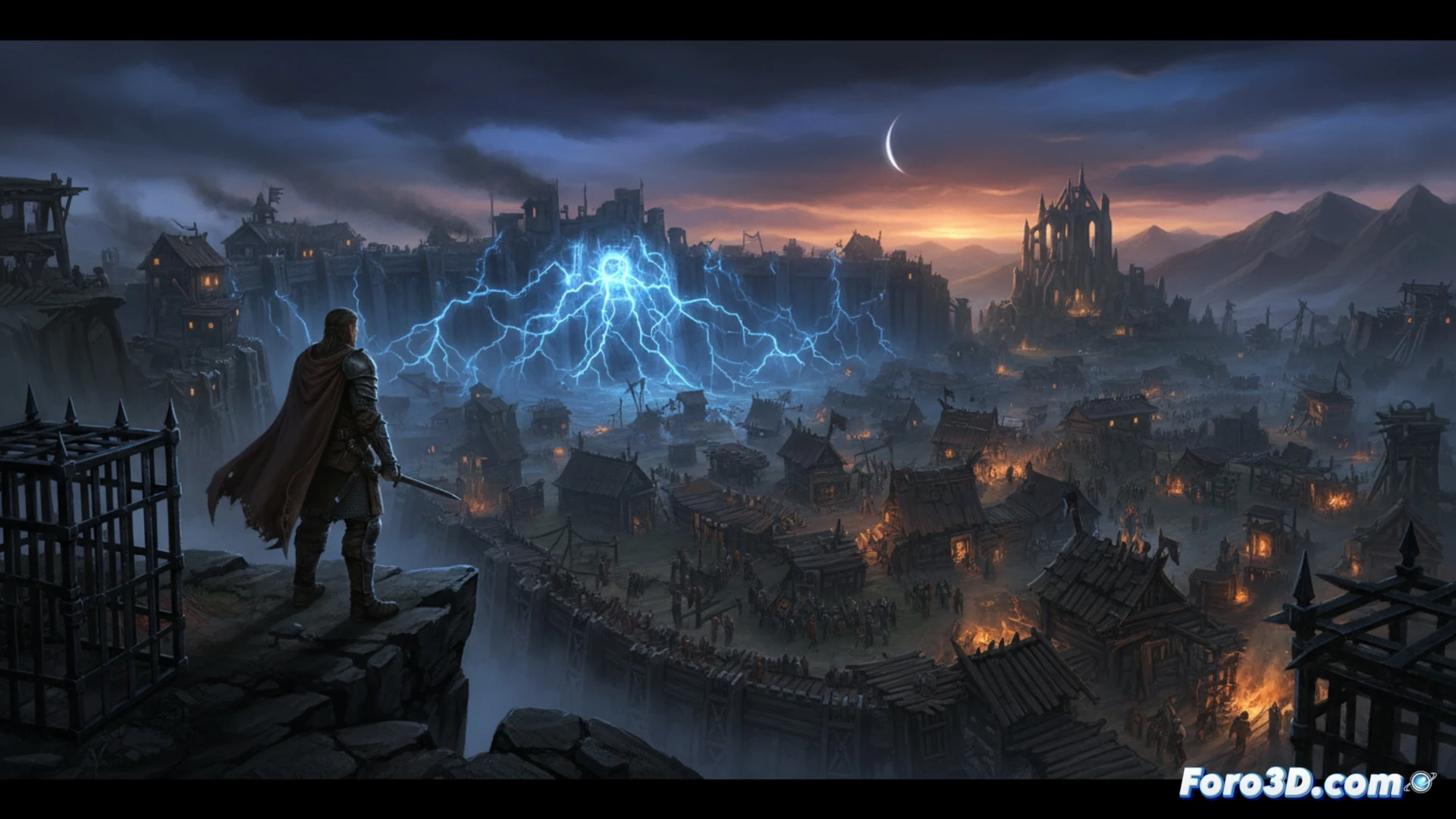 Un guerrero observa la colonia minera desde un risco, bajo un cielo gótico y tormentoso.