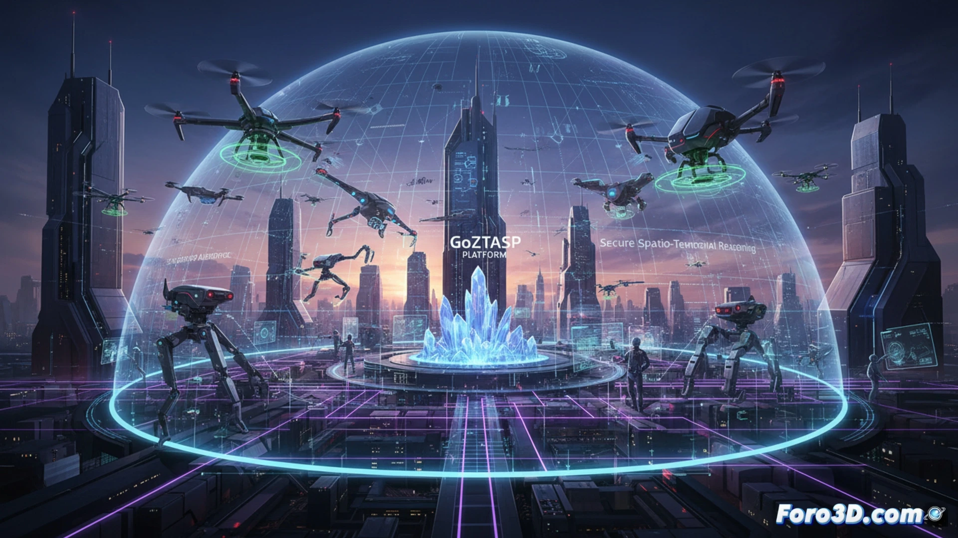 Representación visual de un gemelo digital de seguridad protegiendo una flota de drones autónomos en una ciudad.