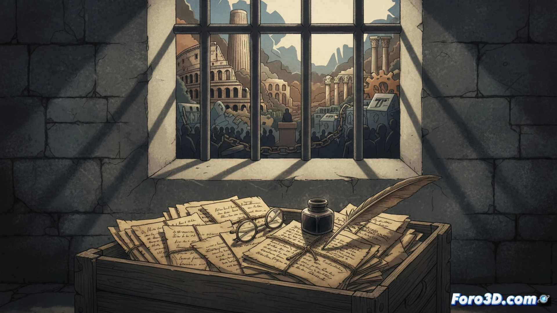 Un hombre en una celda escribe, mientras su tinta se transforma en códigos digitales y redes que envuelven el mundo moderno.