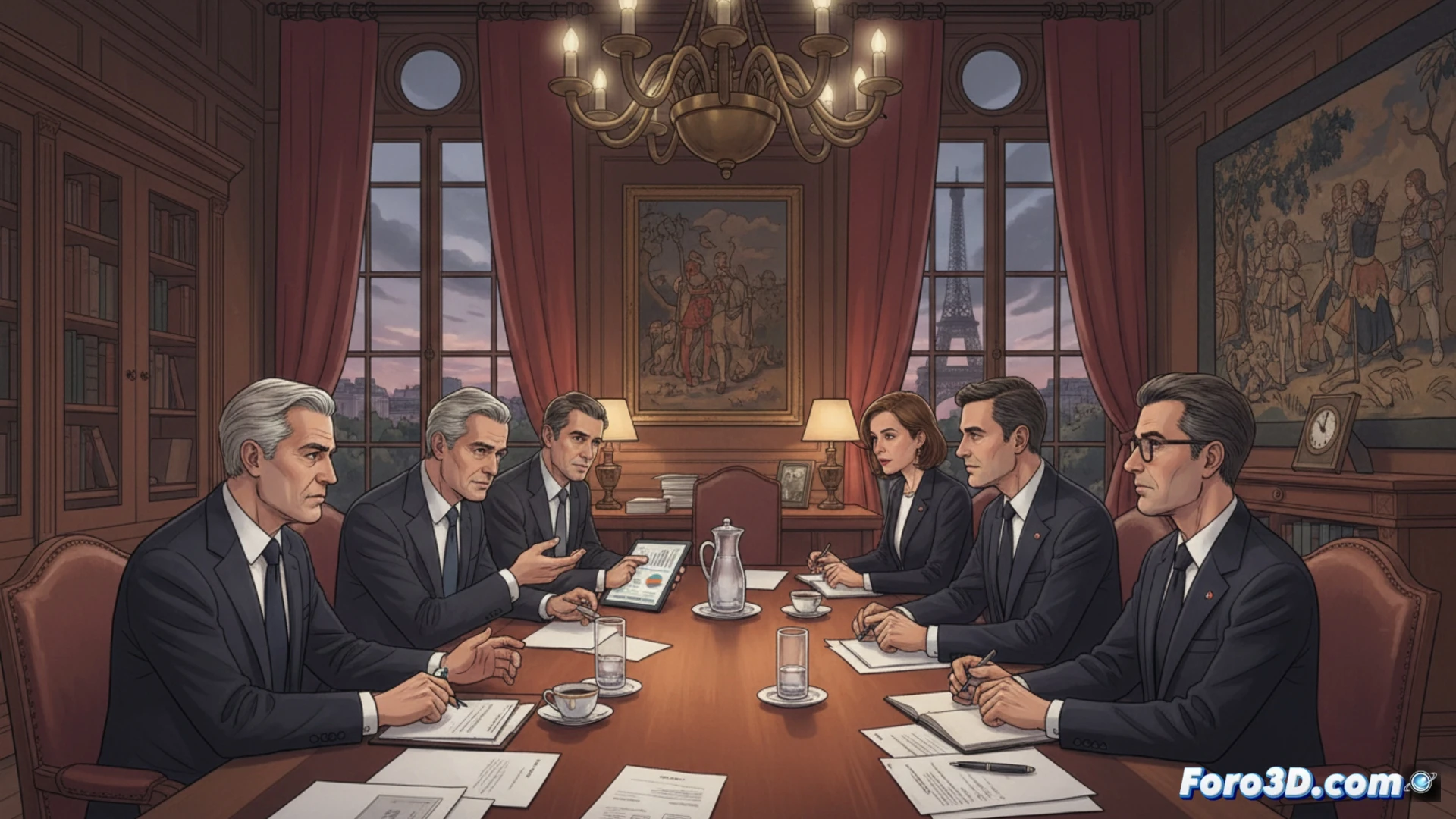 Reunión en lujosa sala de juntas, ejecutivos serios conversan con políticos del RN sobre documentos económicos.