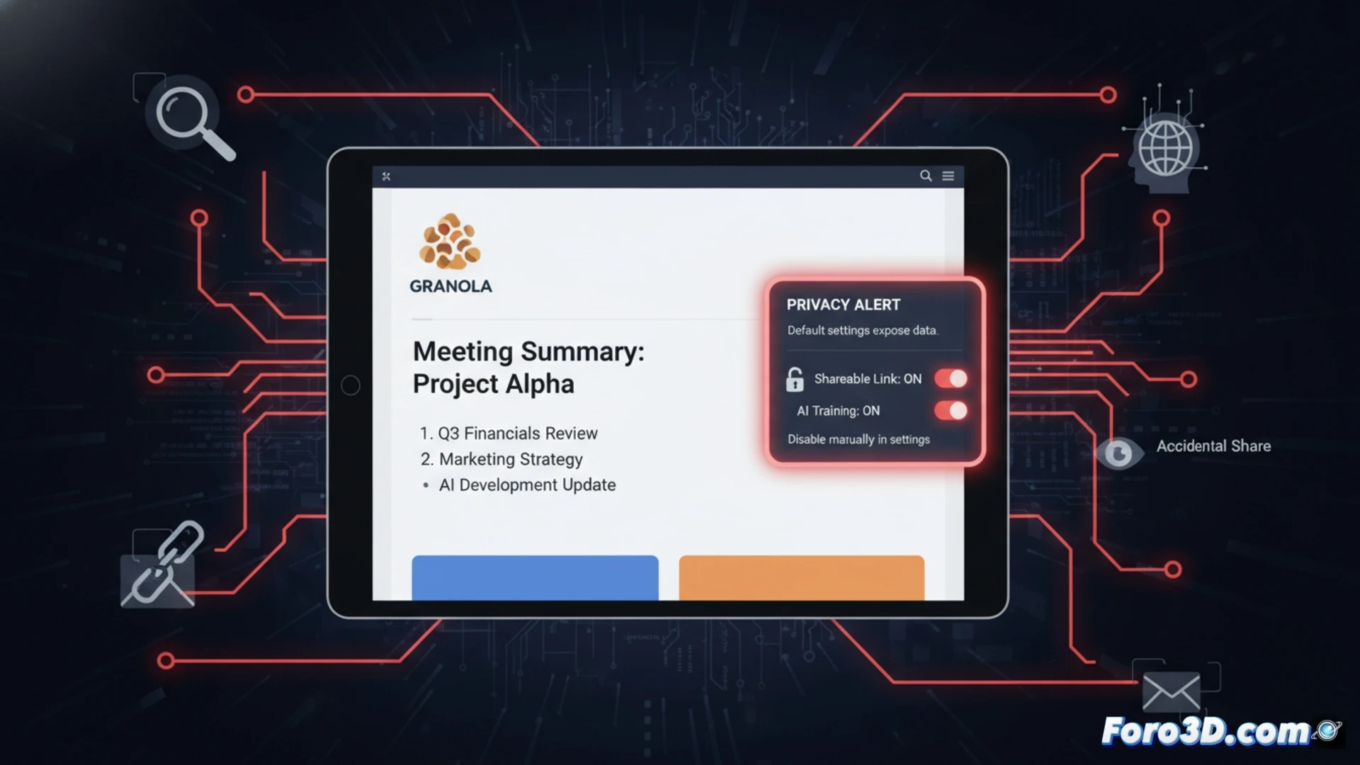 Una aplicación de notas muestra una nota privada con un enlace público visible, mientras un icono de IA procesa los datos en segundo plano.