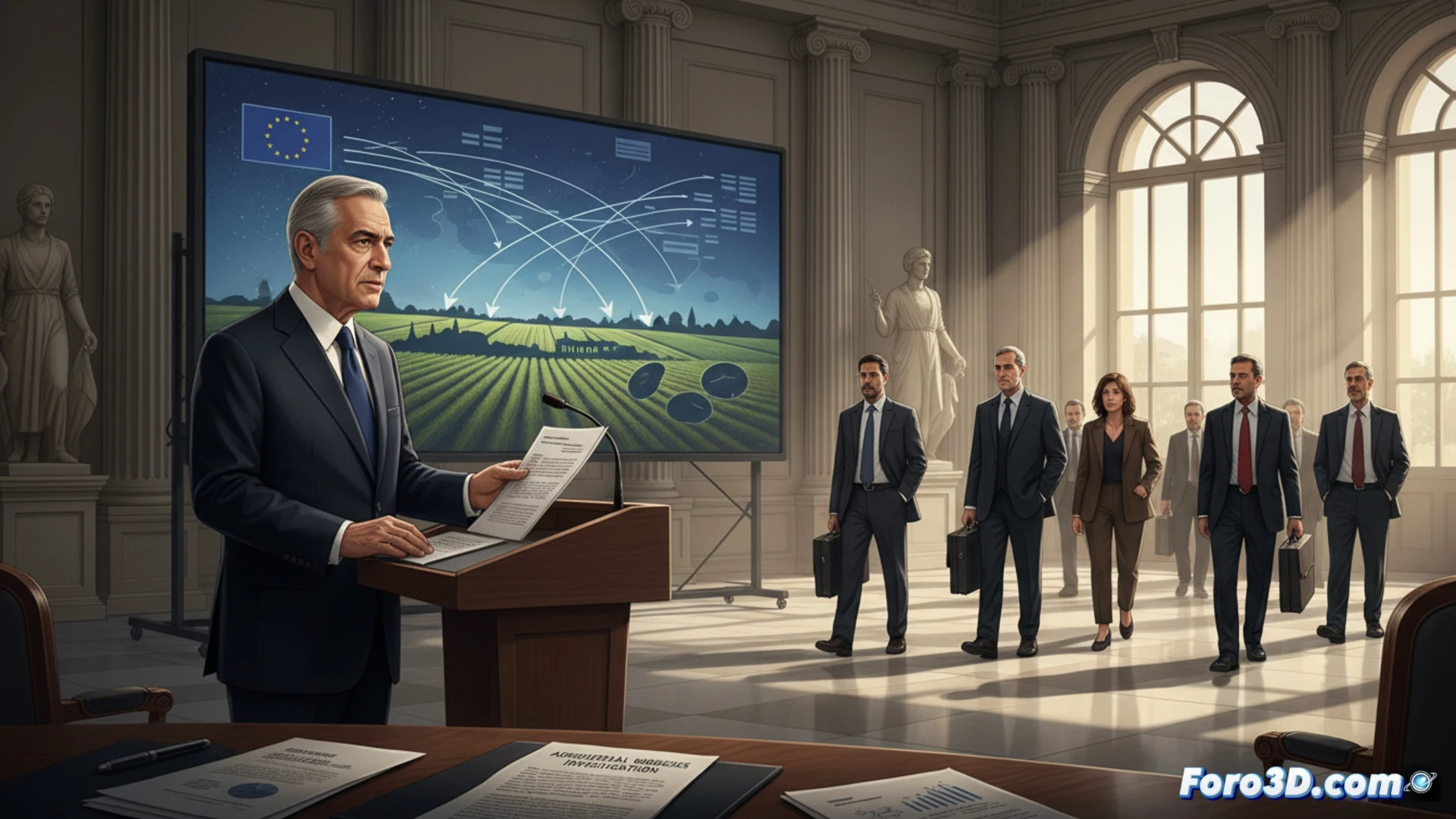 Un ministro griego dimite ante un mapa de la UE, con documentos sobre subsidios agrícolas y titulares de escándalo de fondo.