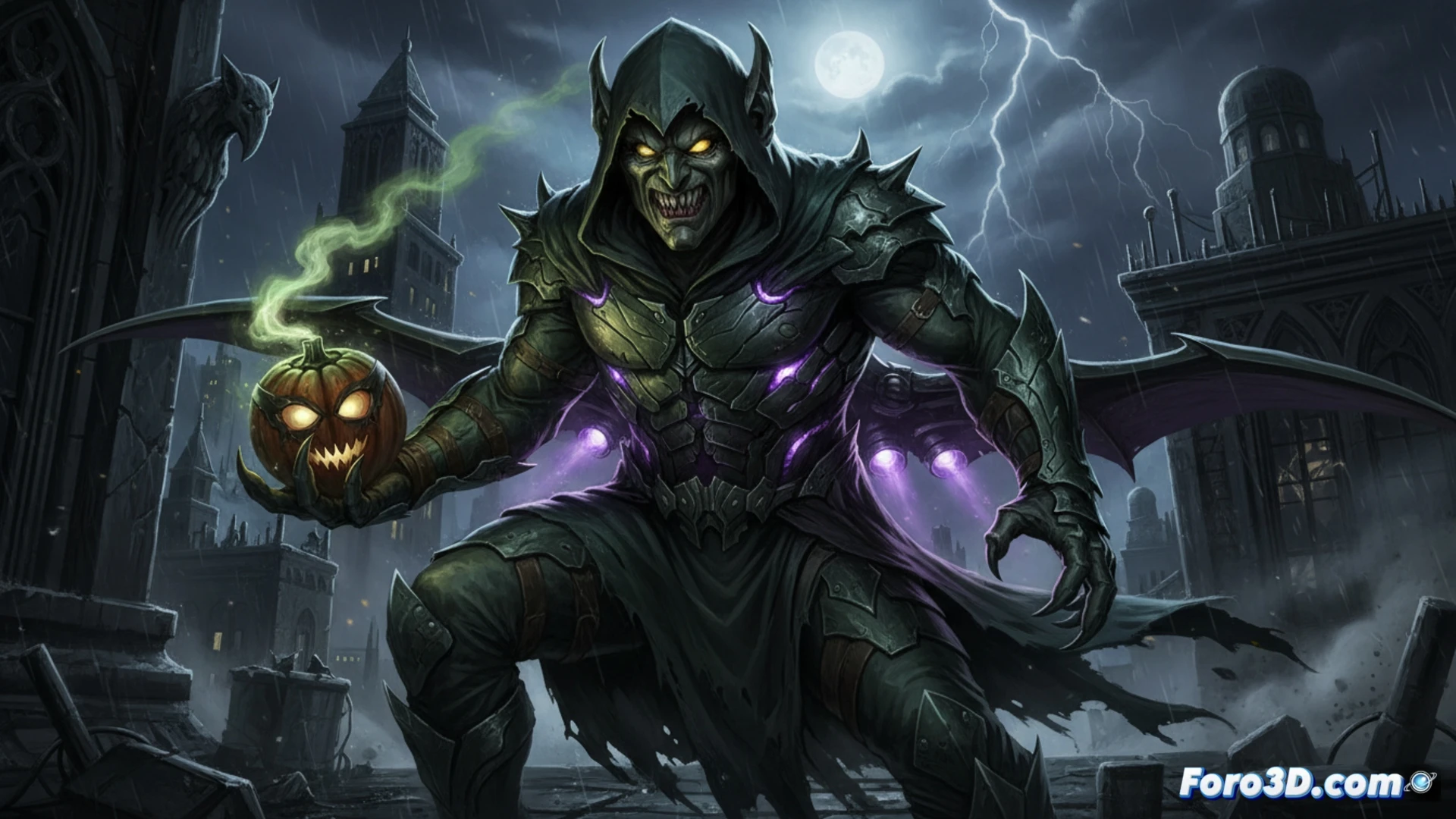 Green Goblin en túnica negra con capucha, diseño sombrío y realista, refleja su inestabilidad mental en Spider-Man 3.