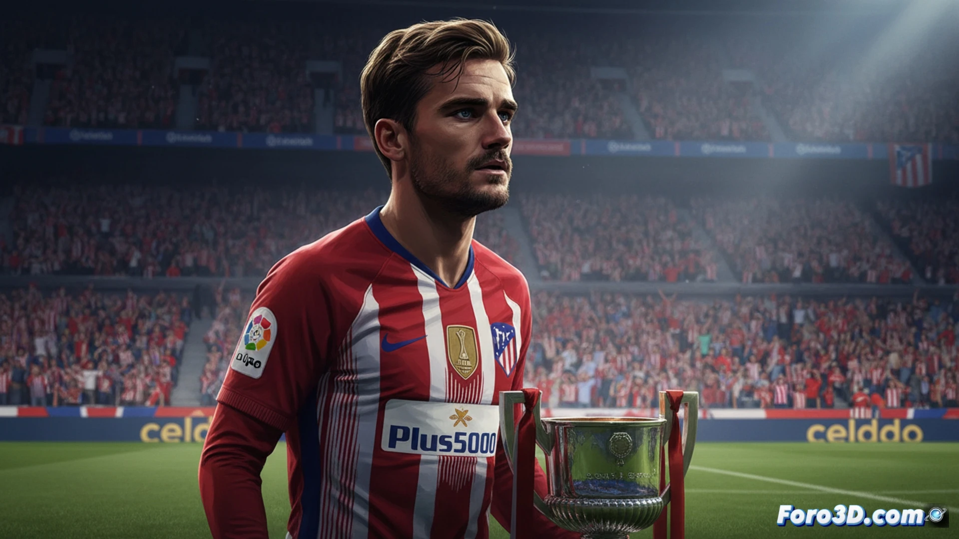 Antoine Griezmann, concentrado en el campo, viste la camiseta del Atlético de Madrid antes de la final de Copa.