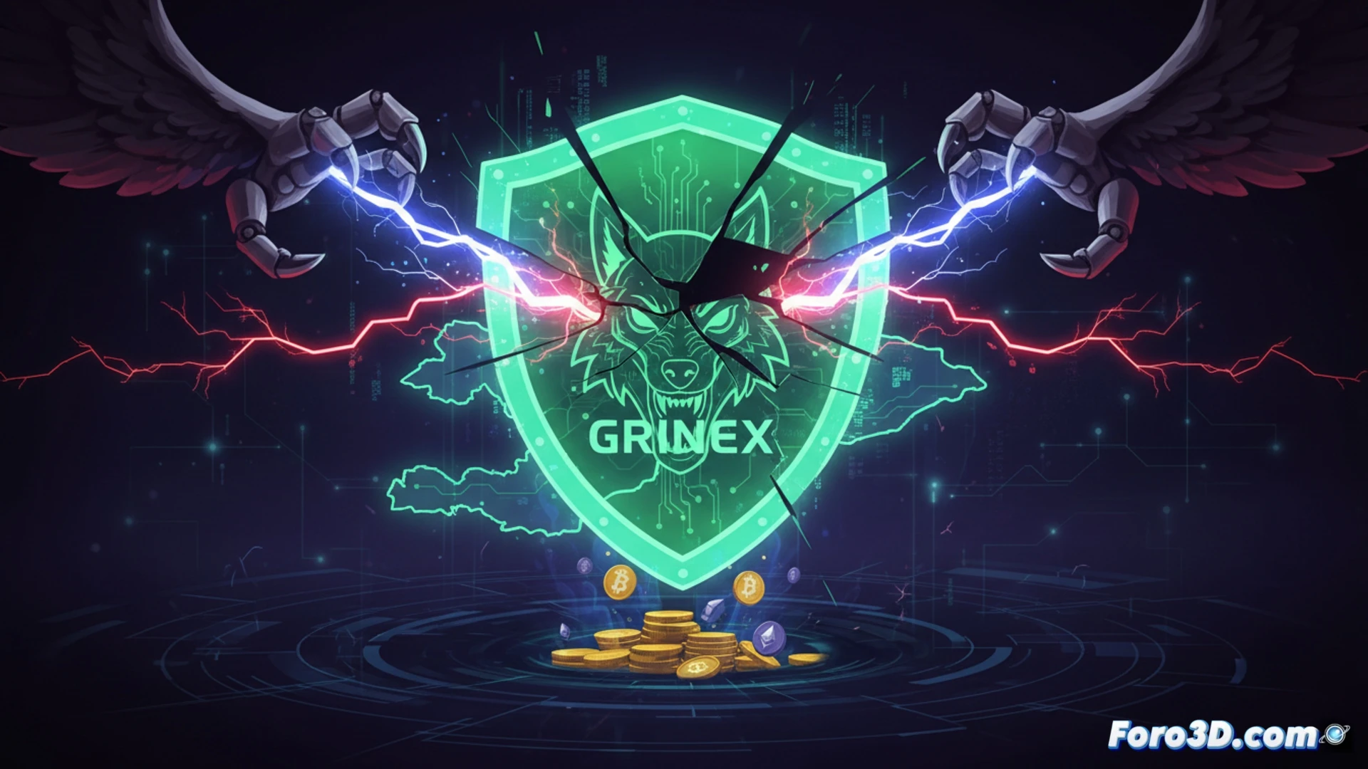 Una bolsa de criptomonedas hackeada, con su nombre 'Grinex' en rojo sobre un mapa geopolítico fracturado.