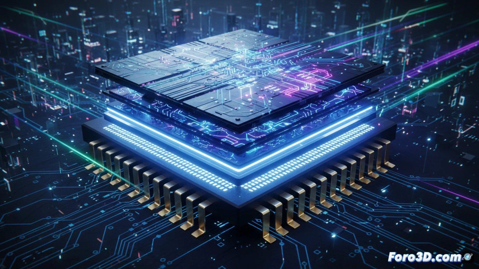 Un chip Groq LPU sobre una placa base, con un fondo de un render 3D en proceso de denoise o upscale.