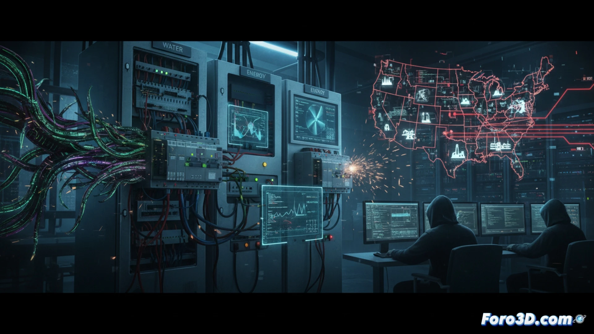 Una pantalla muestra diagramas de PLCs atacados en plantas de agua y energía, con alertas de ciberseguridad superpuestas.