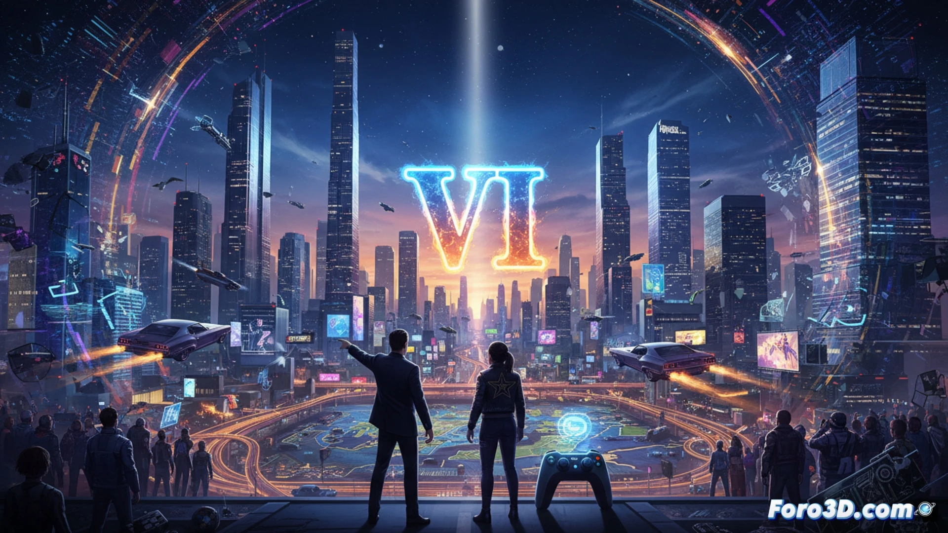 Vista nocturna de Vice City, neones rosas y azules reflejados en el asfalto mojado. Un coche deportivo acelera hacia un letrero gigante de GTA VI, con la silueta de una palmera y el logo de Rockstar Games coronando el horizonte urbano.