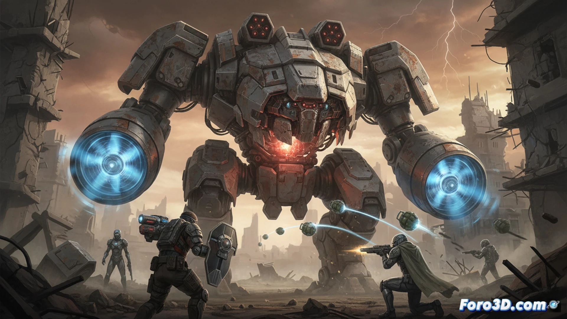 Un Vaporizador de Arc Raiders, mostrando su blindaje pesado y su punto débil brillante en el torso.