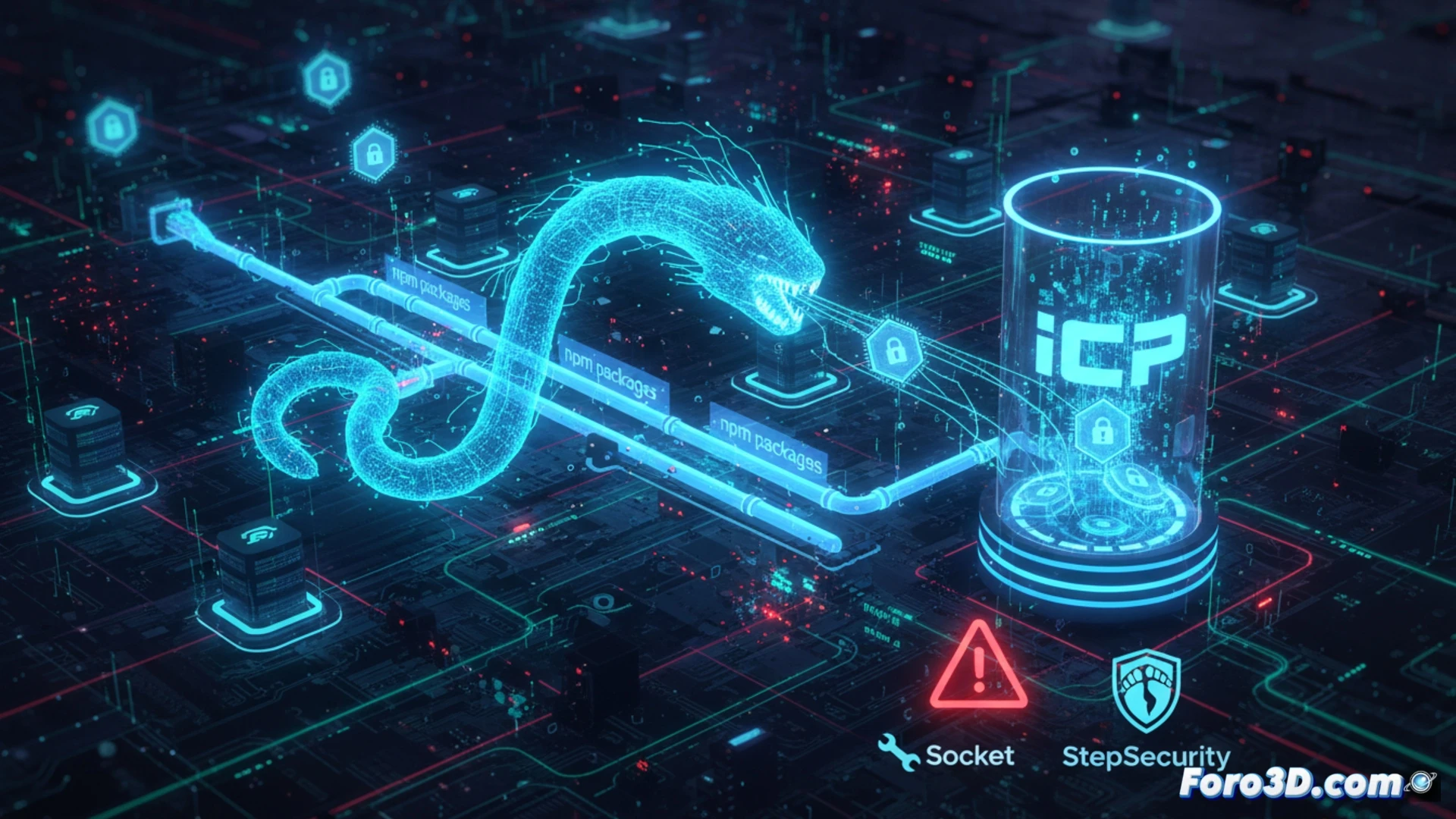 Ilustración digital de un gusano cibernético rojo con forma de espiral, infectando un código npm en una terminal oscura, rodeado de tokens robados y un contenedor ICP brillante.