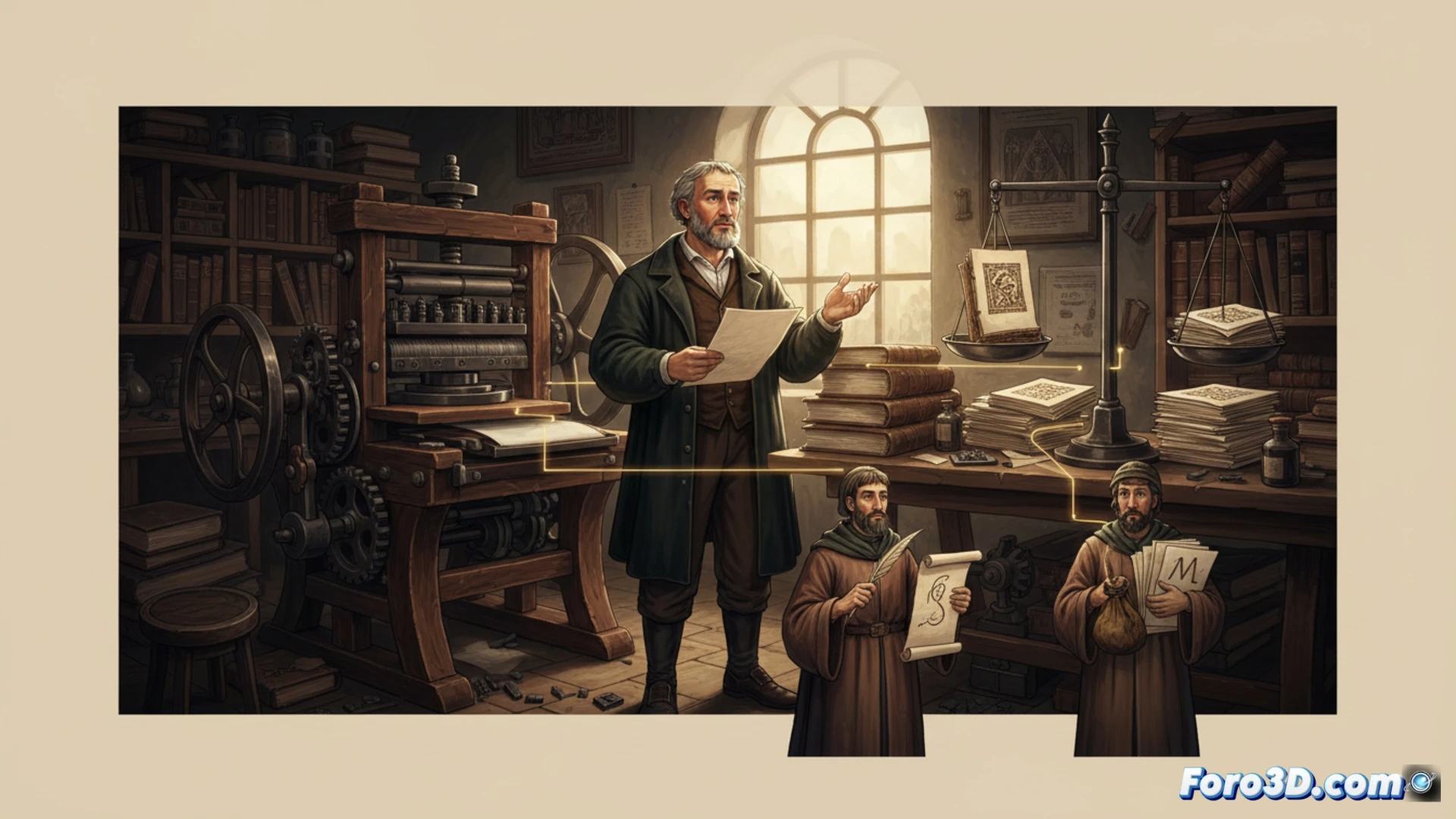 Grabado antiguo de la prensa de Gutenberg imprimiendo hojas, rodeada de libros y tipos de metal.