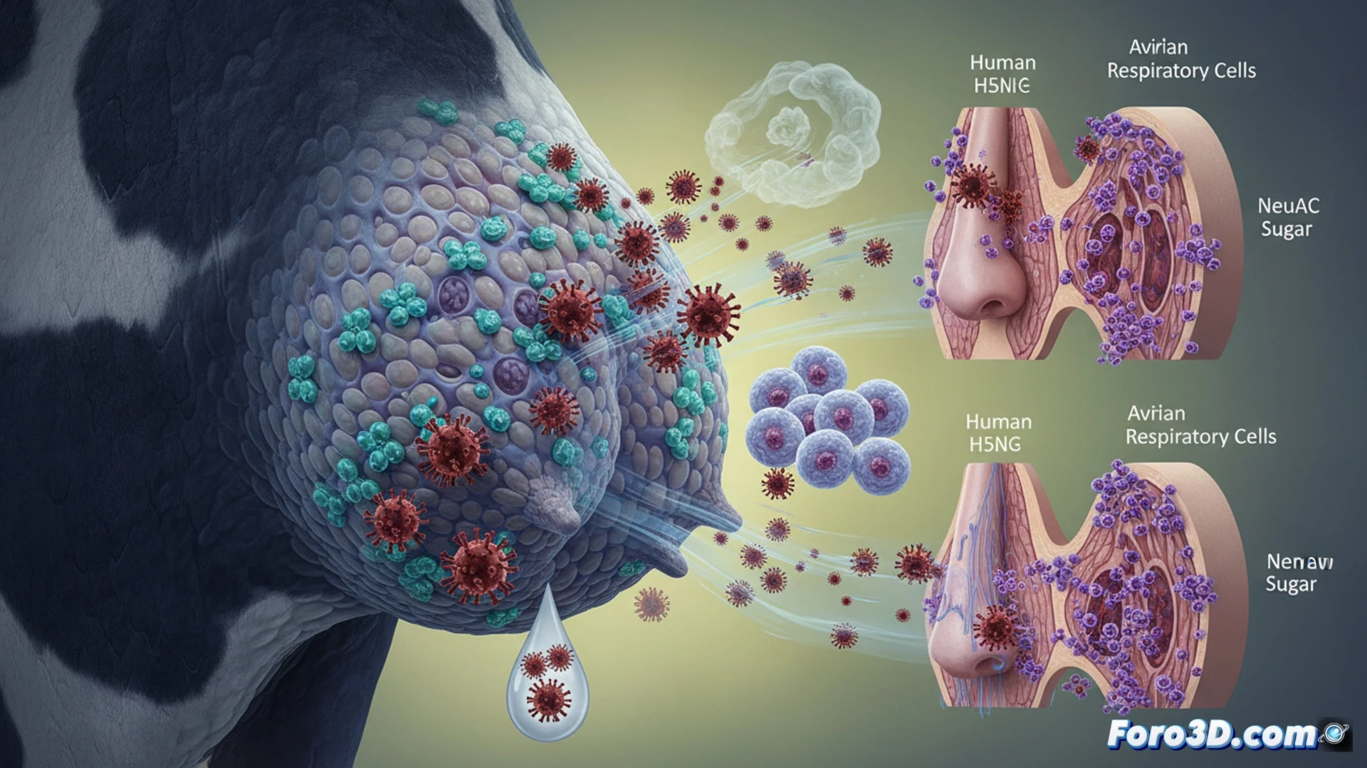 Modelo 3D del virus H5N1 mostrando las proteínas de superficie mutadas que se adhieren a receptores en células bovinas.