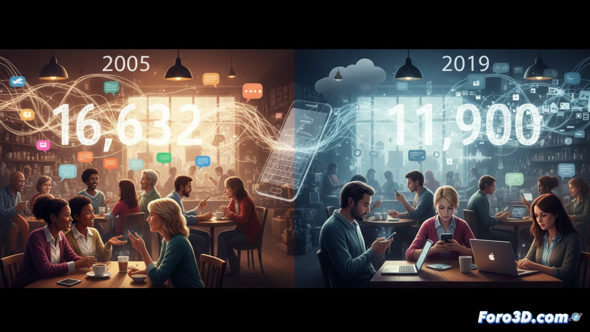 Una sala vacía y silenciosa. Una persona solitaria mira su móvil, con los labios sellados. En el aire, partículas de texto digital flotan, reemplazando palabras habladas.