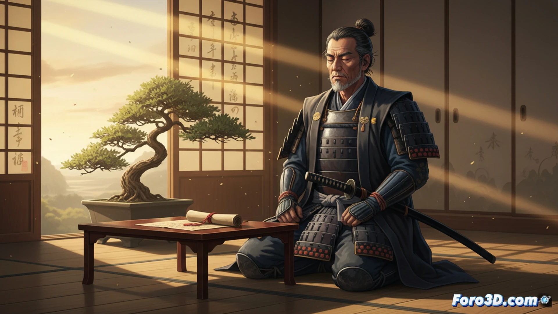 Un samurái contempla un código de programación que se entrelaza con un cerezo en flor.