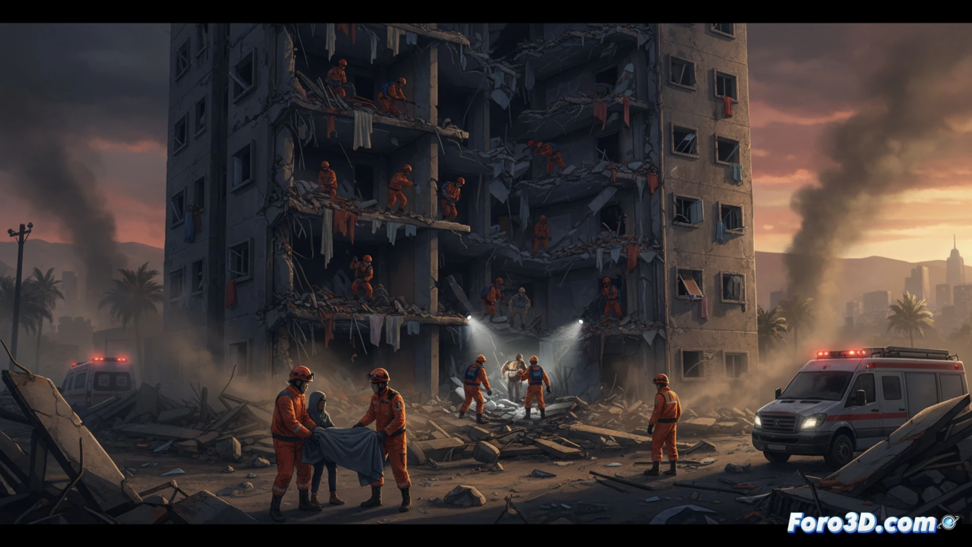 Rescate en Haifa tras impacto de misil, con escombros y equipos de emergencia trabajando al anochecer.