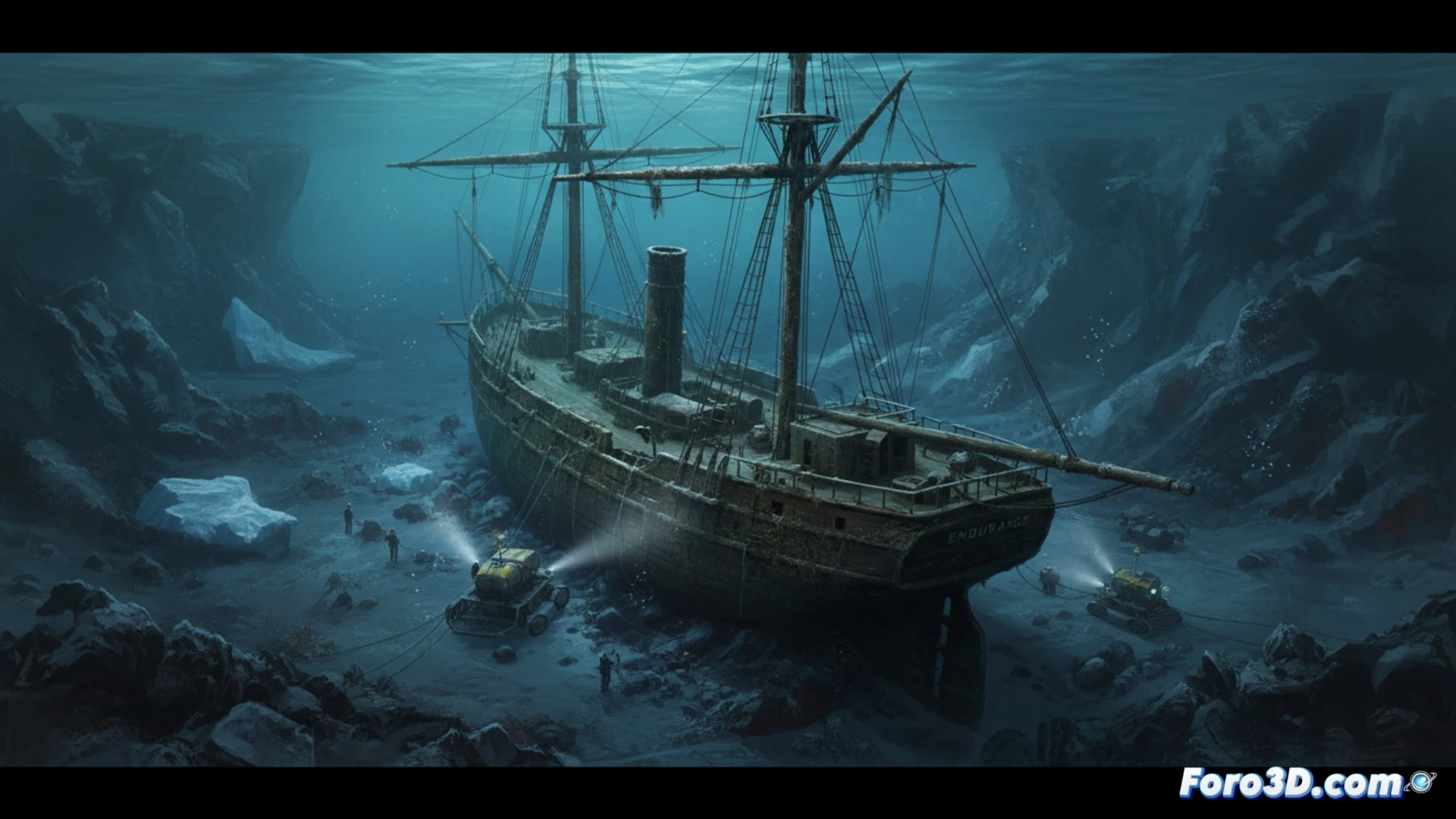 El Endurance hundido, intacto en la oscuridad del lecho marino antártico tras un siglo.