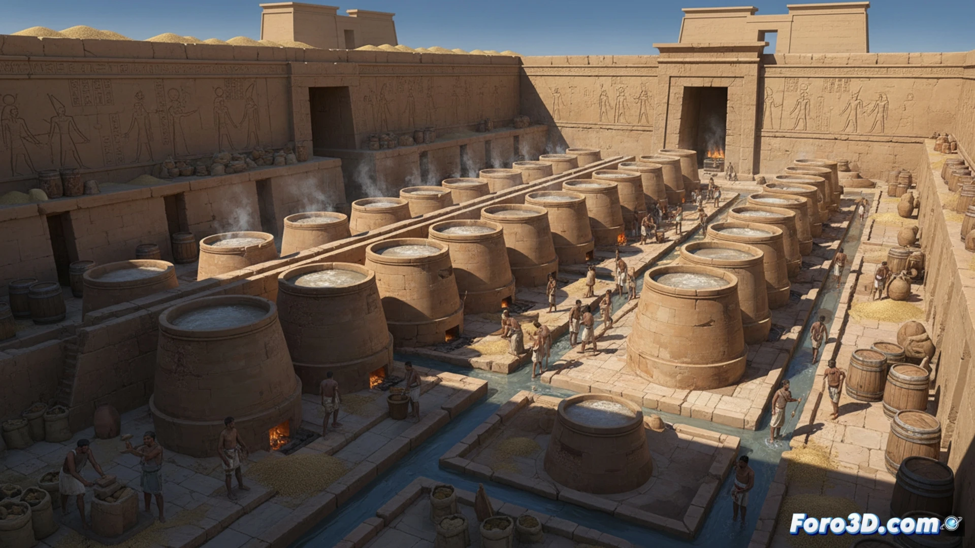 Antigua fábrica de cerveza en Abidos, Egipto, con hileras de grandes vasijas de cerámica para producción ritual.