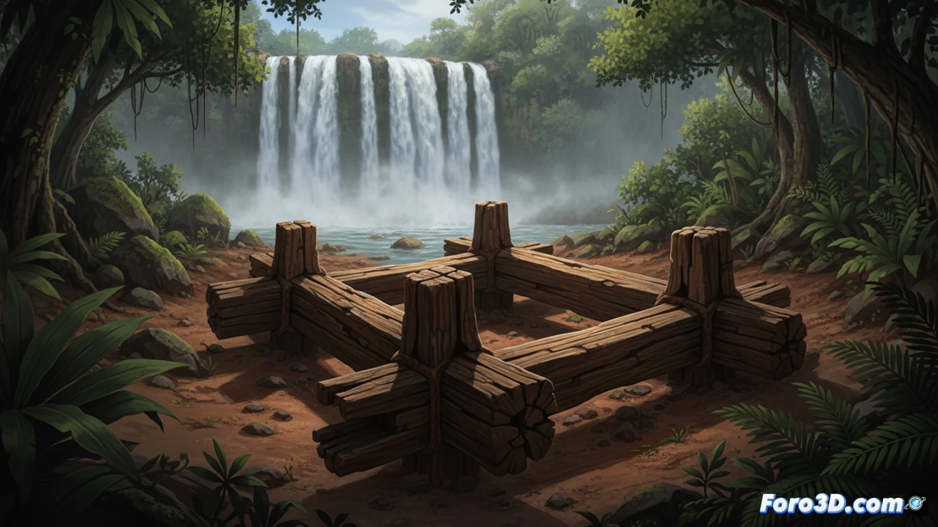 Dos troncos unidos con una muesca, en un yacimiento arqueológico junto a un río. La estructura de madera más antigua del mundo.