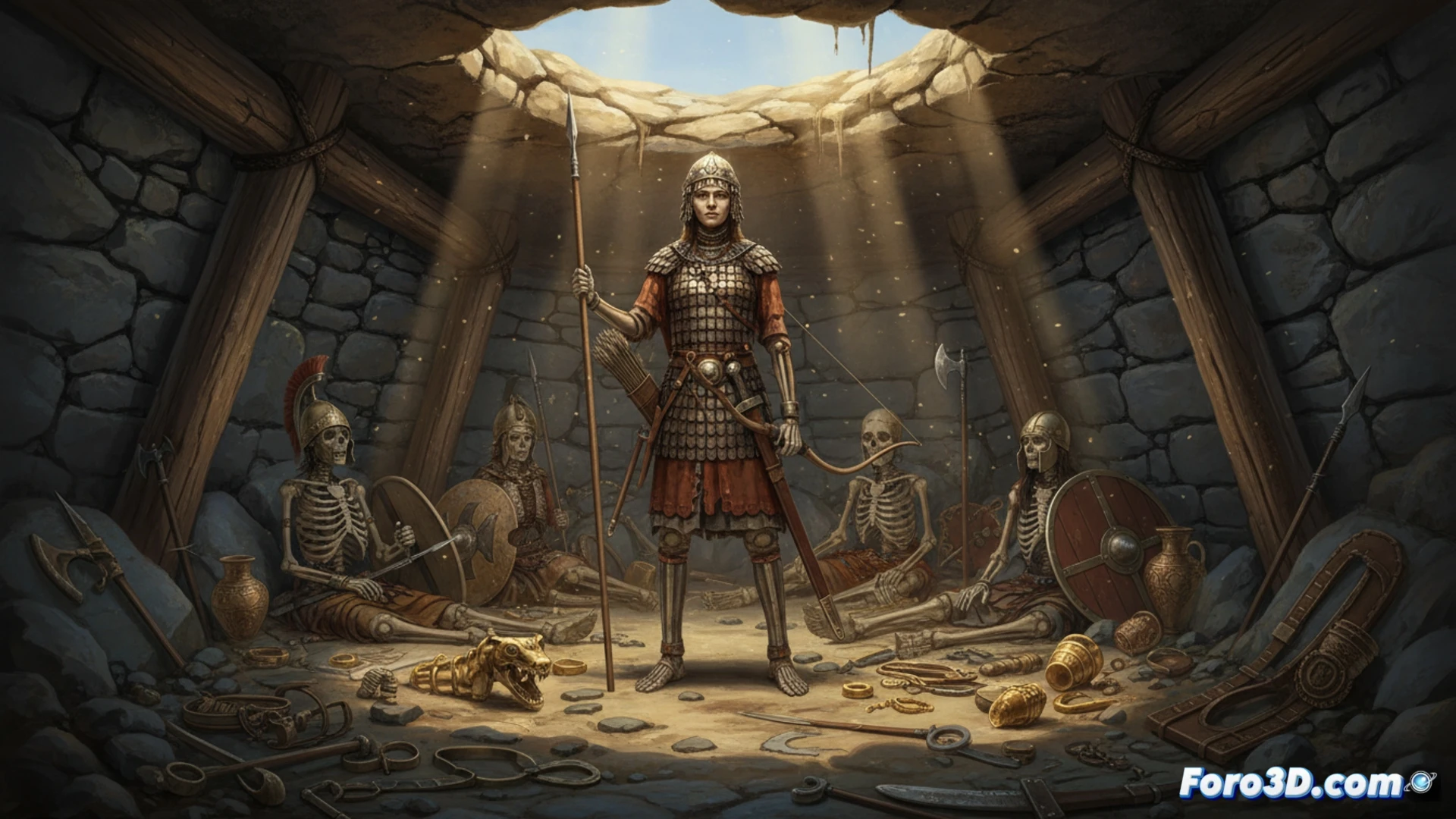 Una tumba escita con una guerrera y sus armas, arco y lanzas, en la estepa.