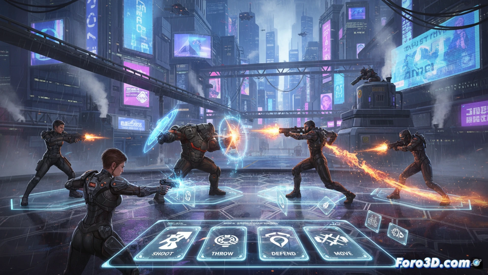 Un campo de batalla ciberpunk iluminado por neones: cartas tácticas y figuras pixeladas chocan en tiempo real, 4 contra 4, bajo un cielo de datos corruptos.