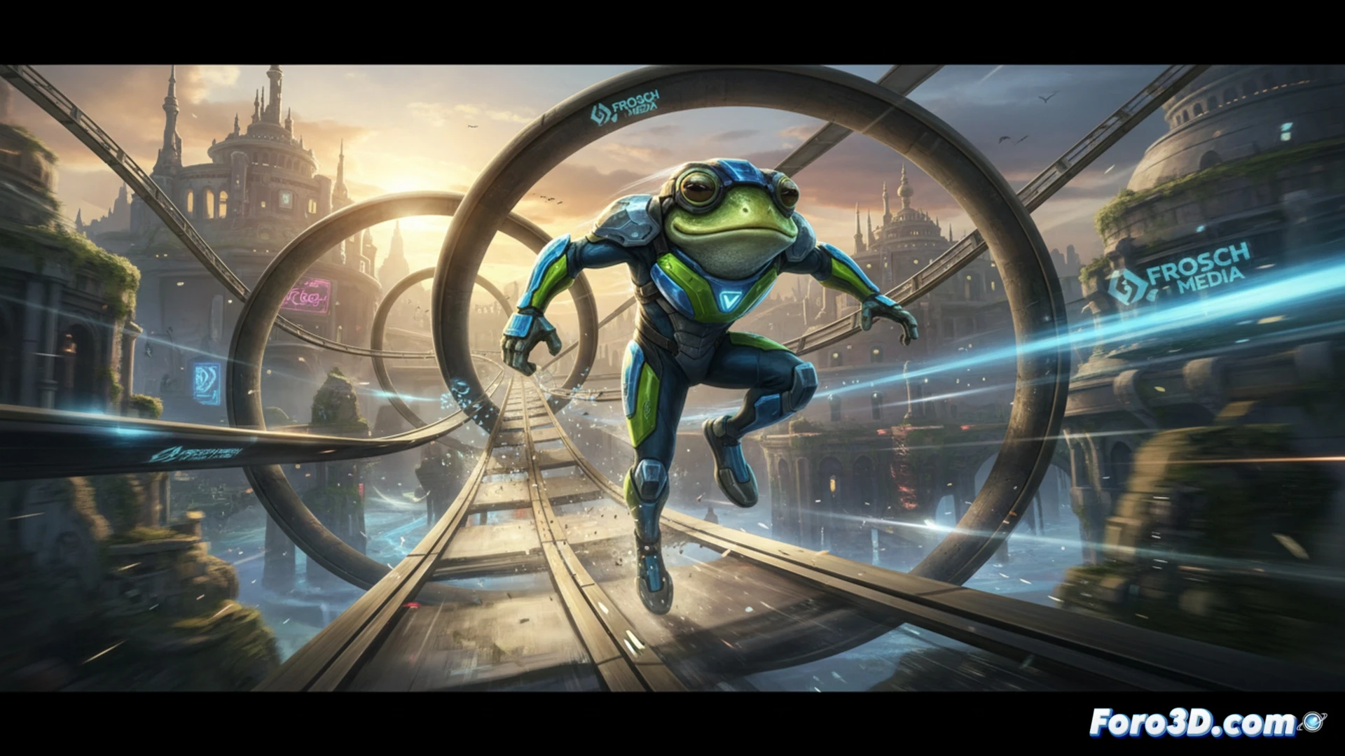 Un erizo azul surca a toda velocidad un bucle brillante en una ciudad futurista, con rampas y anillos dorados brillando a su paso.