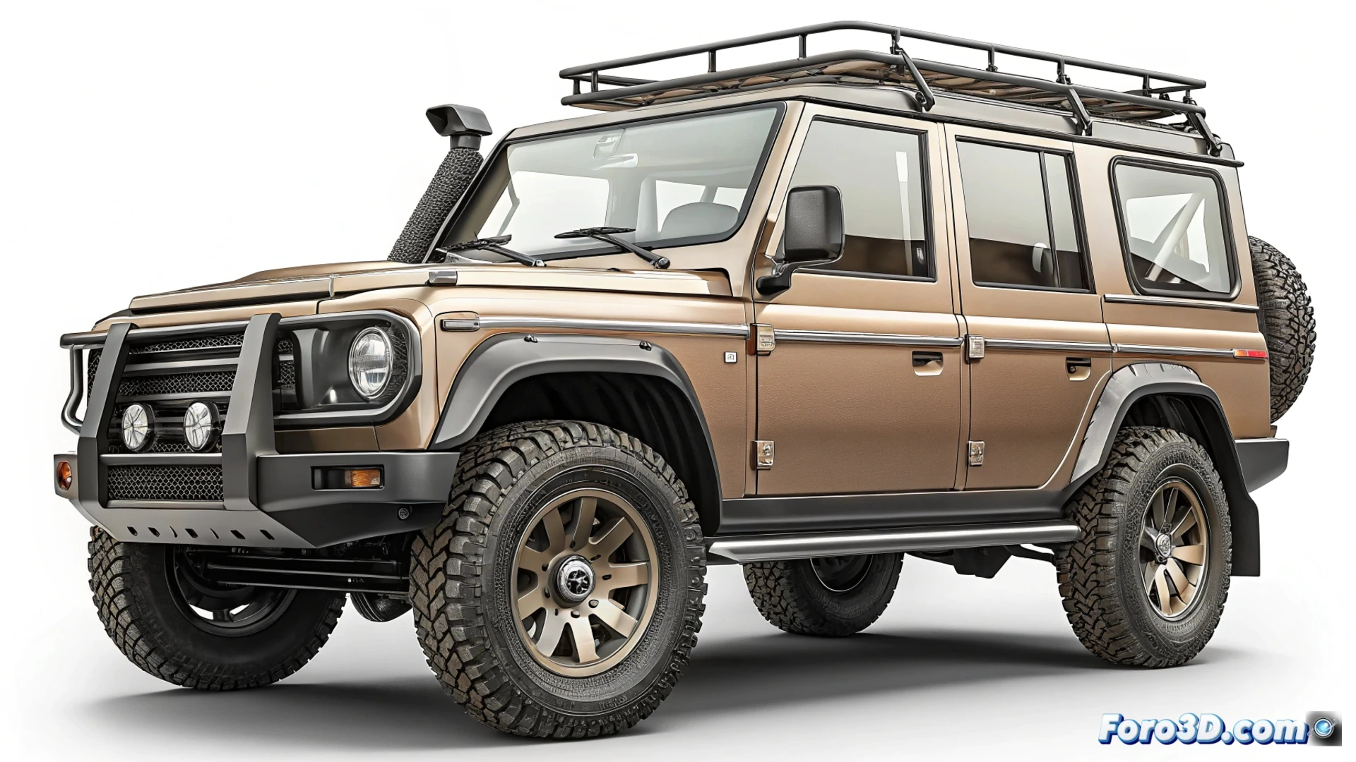 Un todoterreno chino robusto, diseño rectilíneo, faros LED y rueda trasera, similar al Land Cruiser mini.