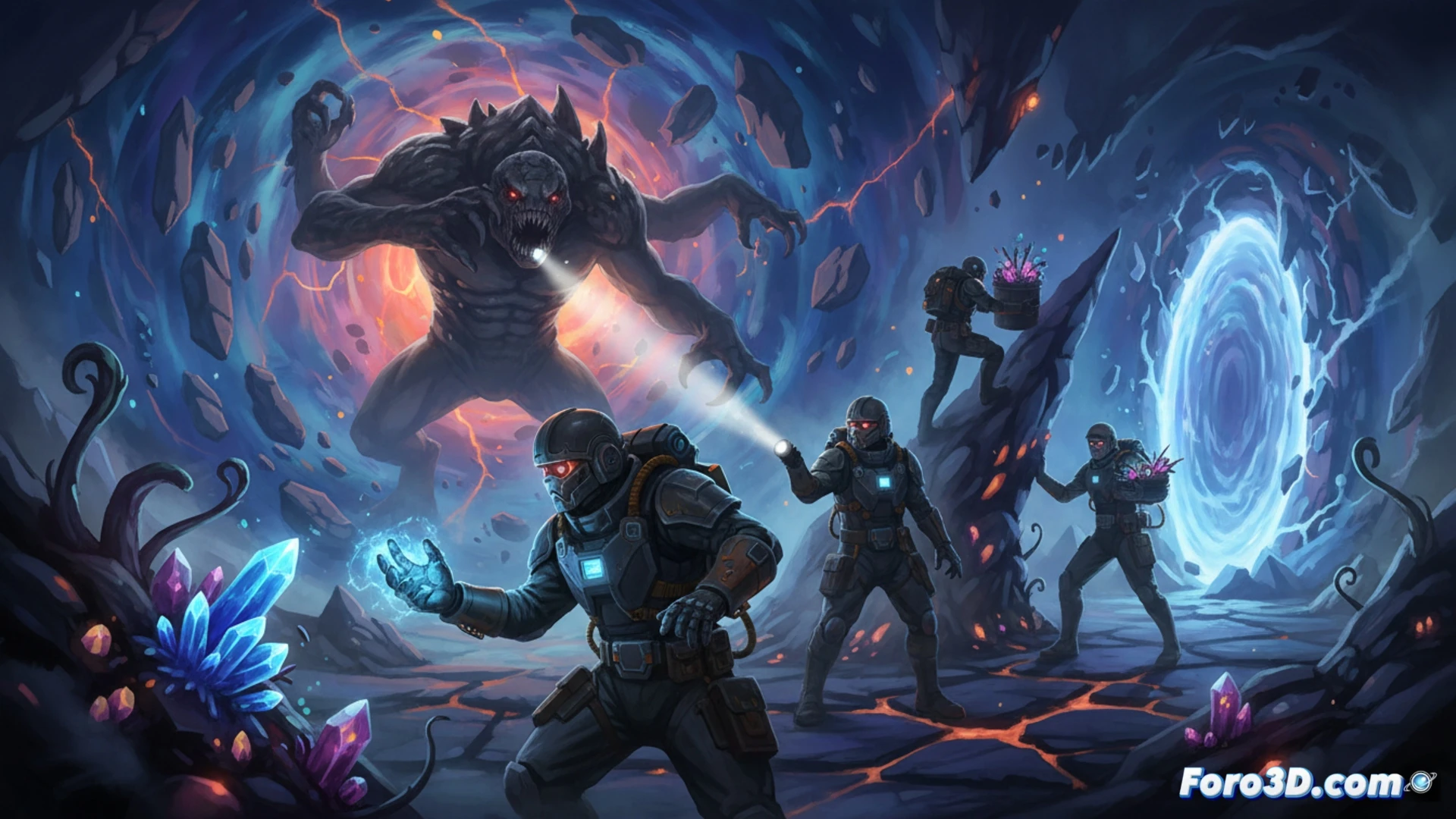 Un portal dimensional brilla en una sala industrial, mientras cuatro siluetas cooperan entre sombras y criaturas hostiles.